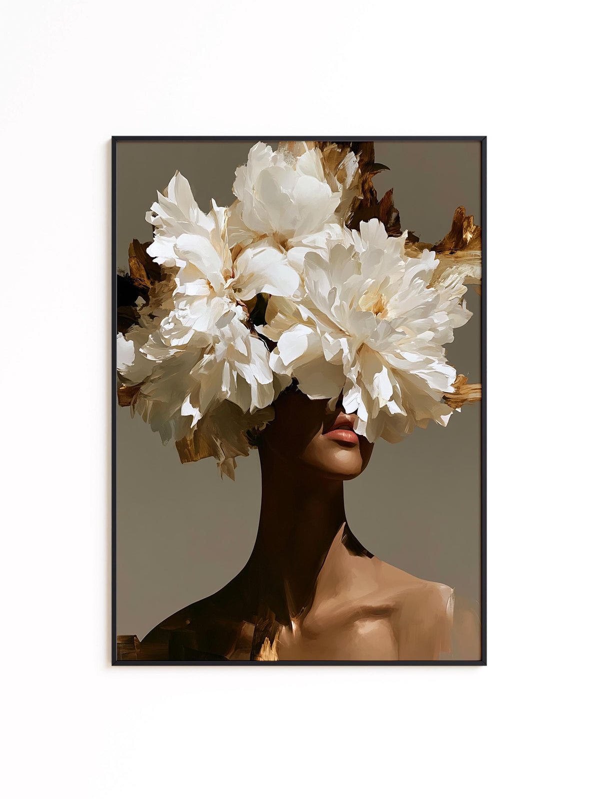 Black Woman Art Print, White Floral Portrait Poster, Elegant Wall Decor