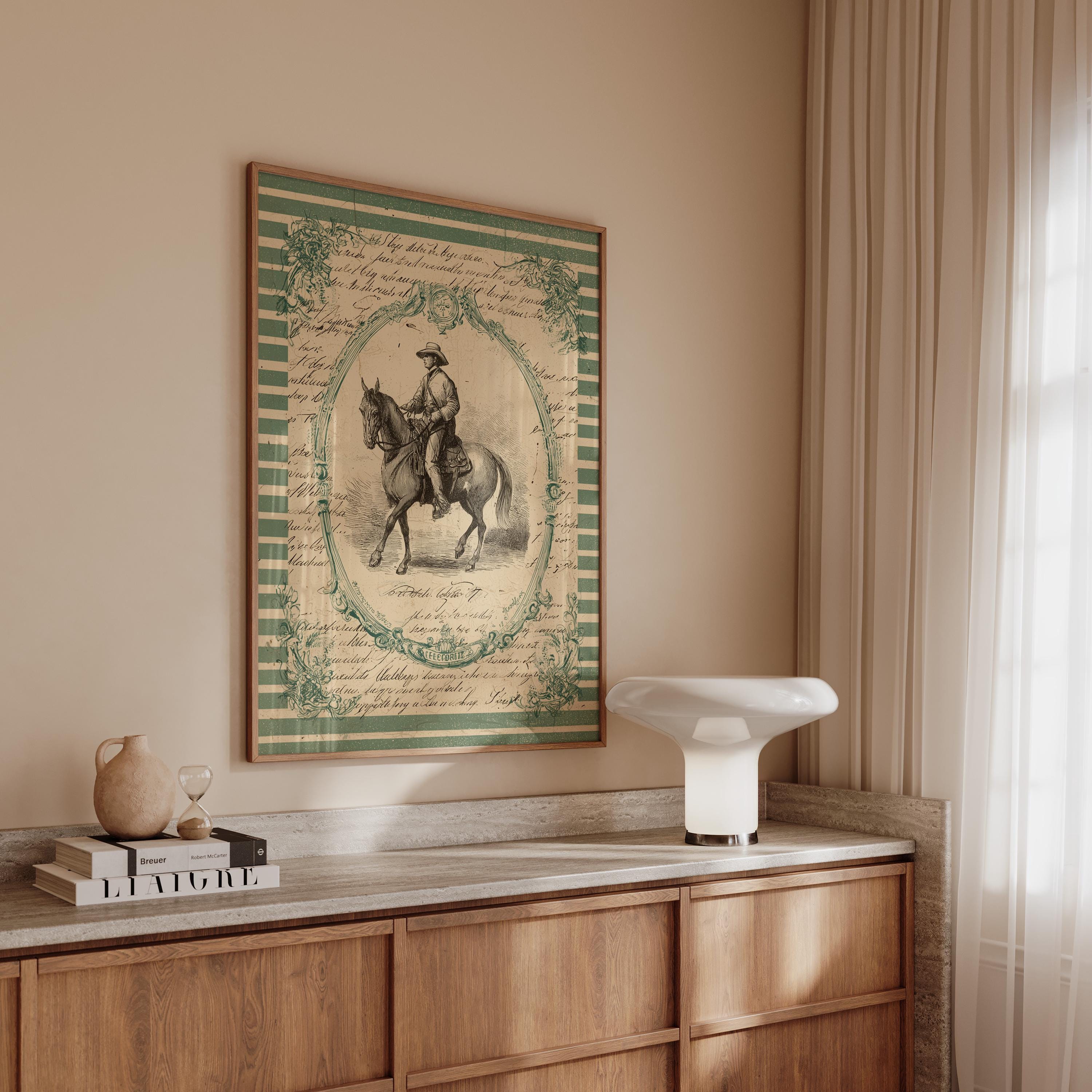 Vintage Western Art Print, Antique Cowboy Horse Poster, Sage Green Wall Decor