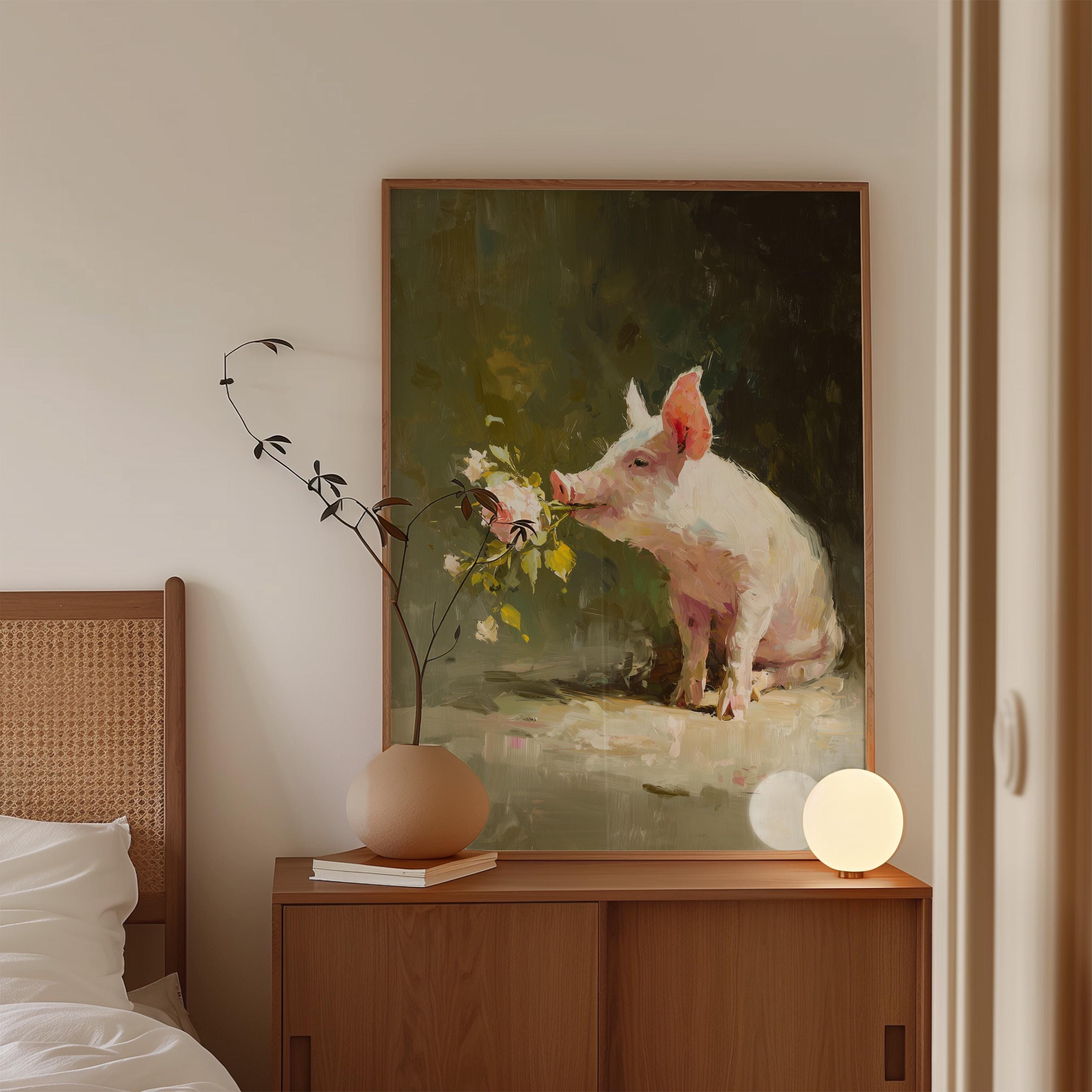 Pig Wall Art Print, Floral Farm Animal Painting, Moody Cottagecore Decor