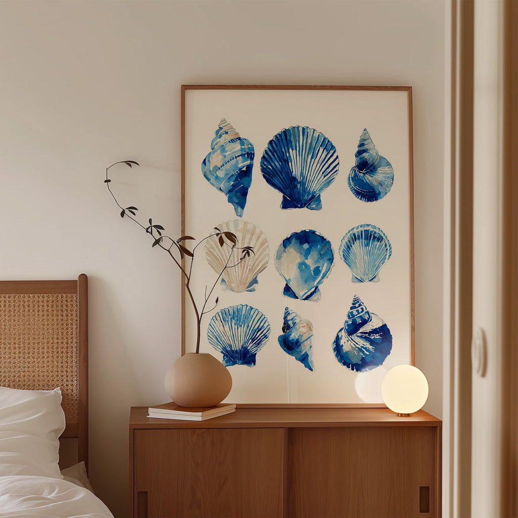 Blue Seashell Art Print, Coastal Bathroom Poster, Ocean Shell Wall Decor
