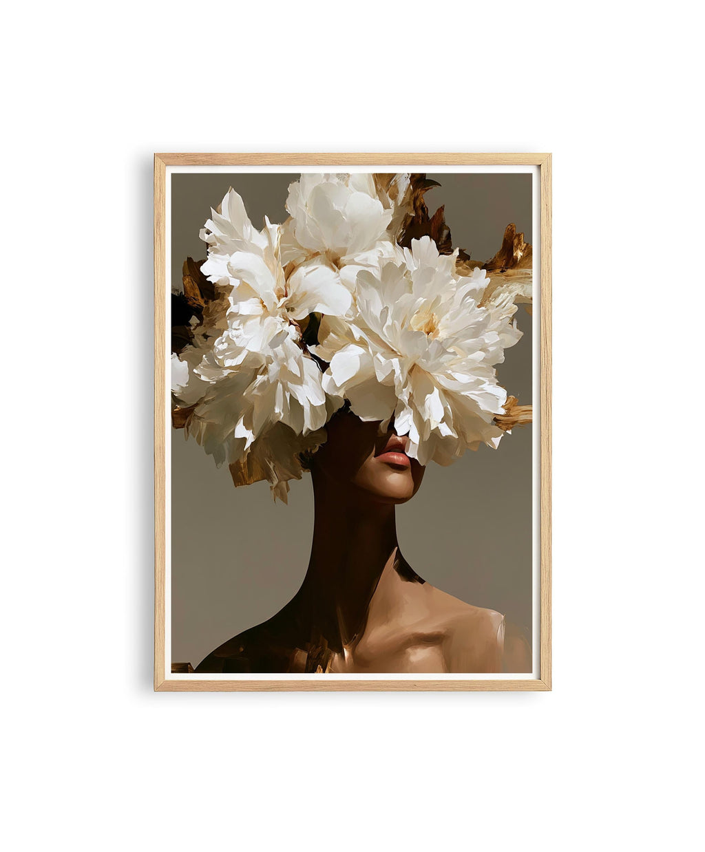 Black Woman Art Print, White Floral Portrait Poster, Elegant Wall Decor
