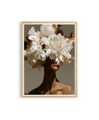 Black Woman Art Print, White Floral Portrait Poster, Elegant Wall Decor