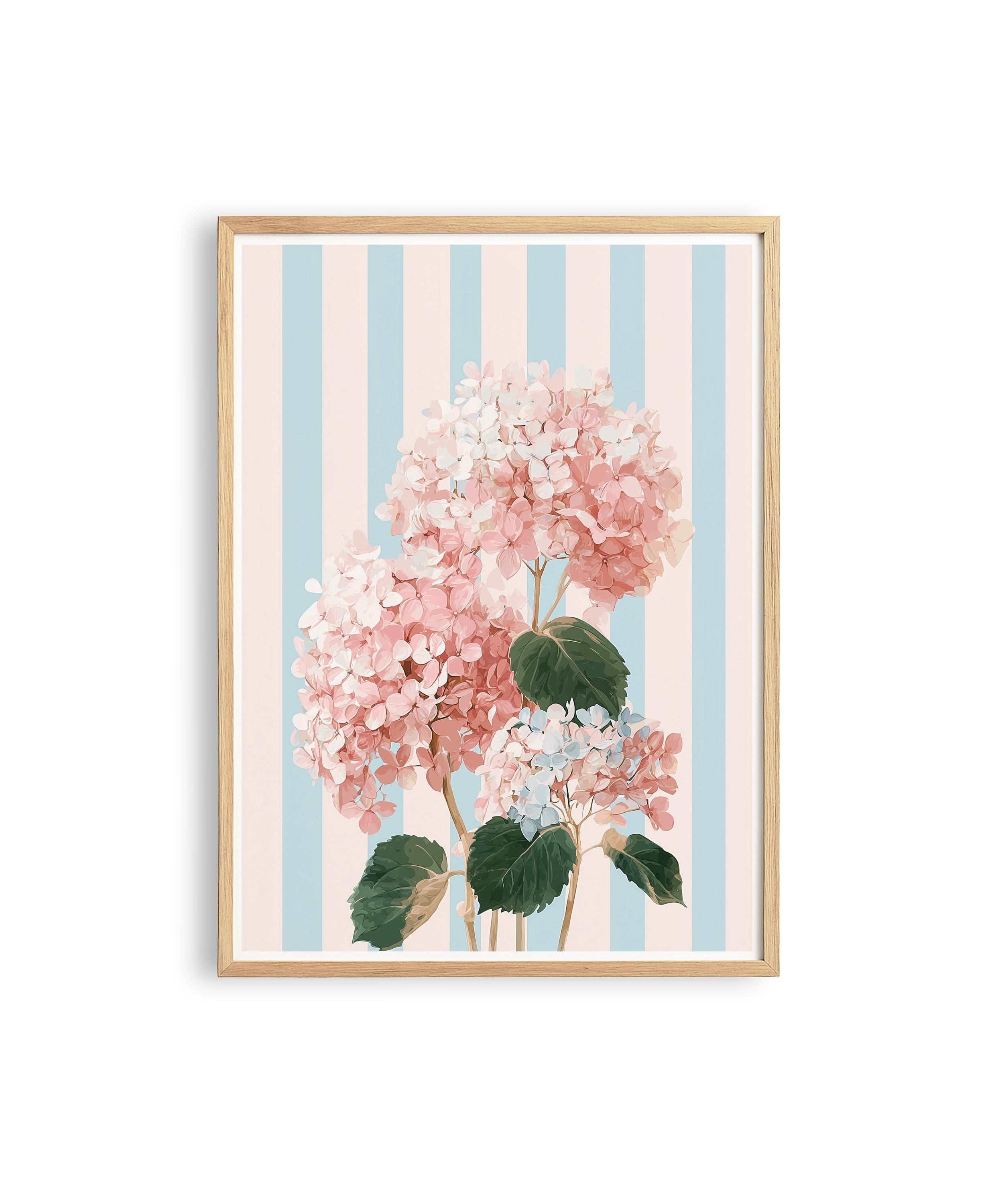 Pink Hydrangea Wall Art Print, Blue Stripe Floral Poster, Cottagecore Bedroom Decor, Vintage Botanical Digital Download