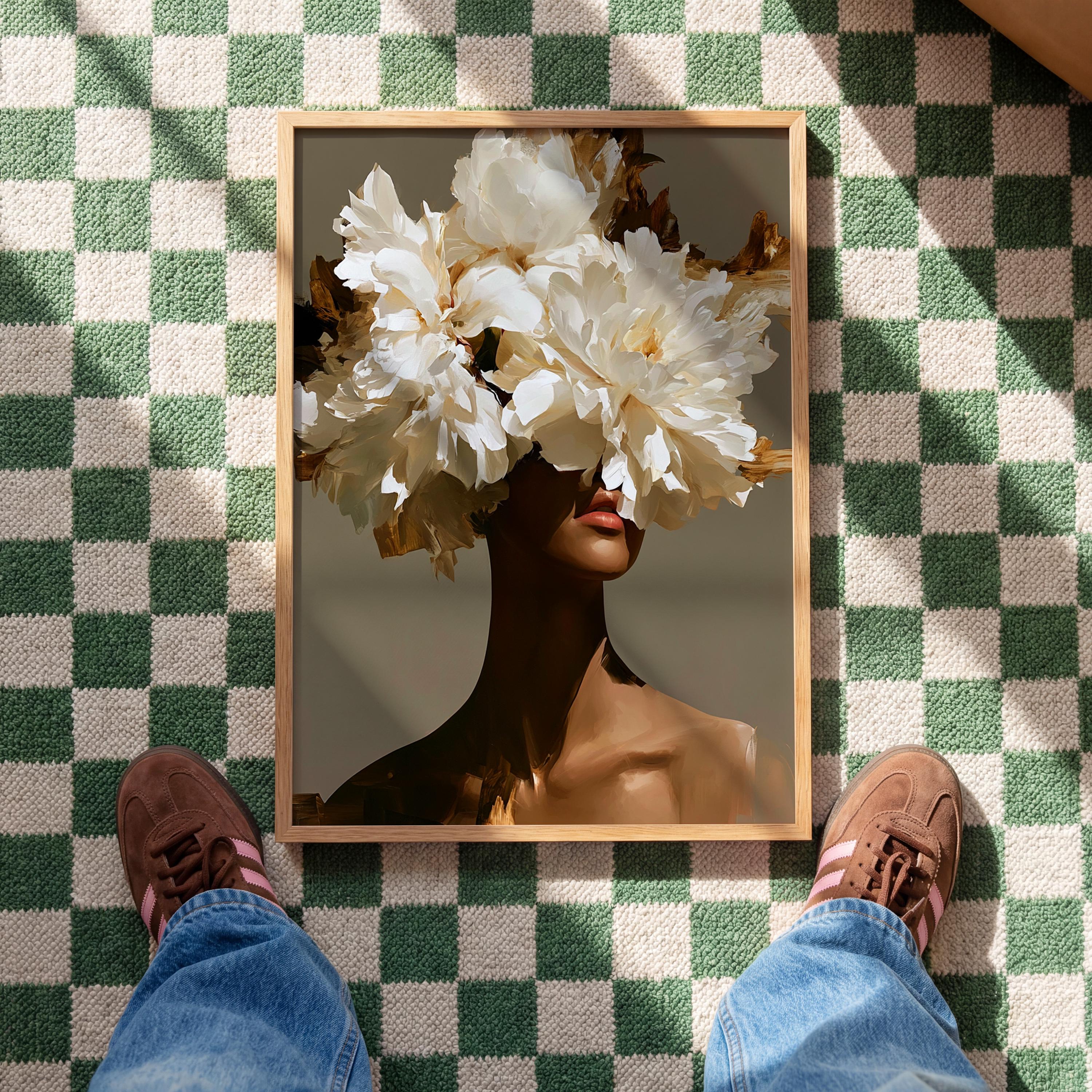 Black Woman Art Print, White Floral Portrait Poster, Elegant Wall Decor