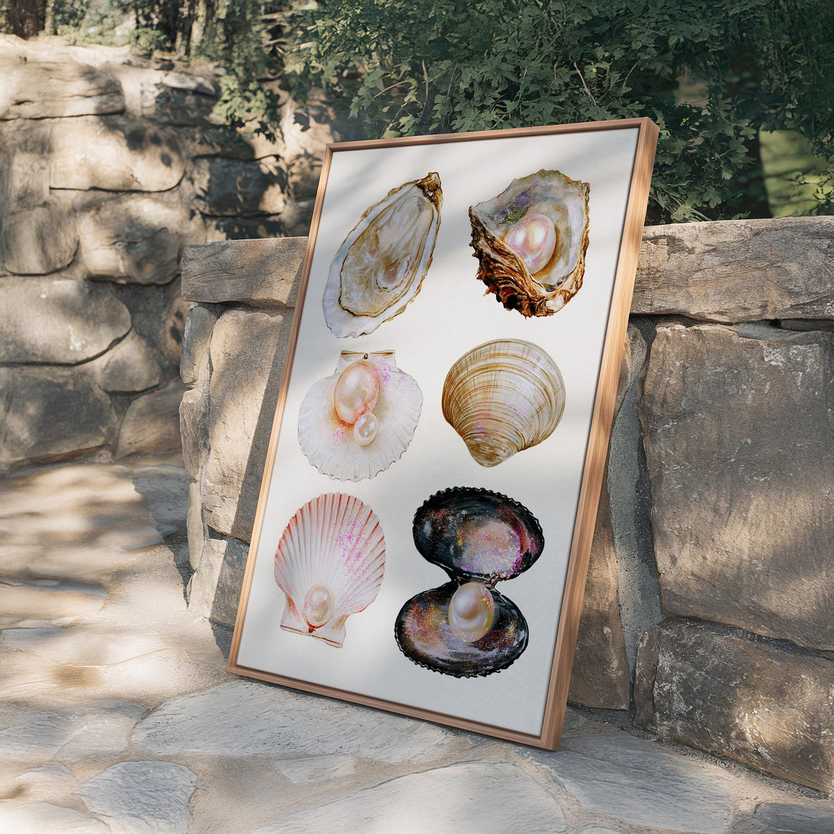 Pearl Shell Wall Art Print, Coastal Vintage Printable, Oyster and Seashell Poster, Neutral Beach Bathroom Decor