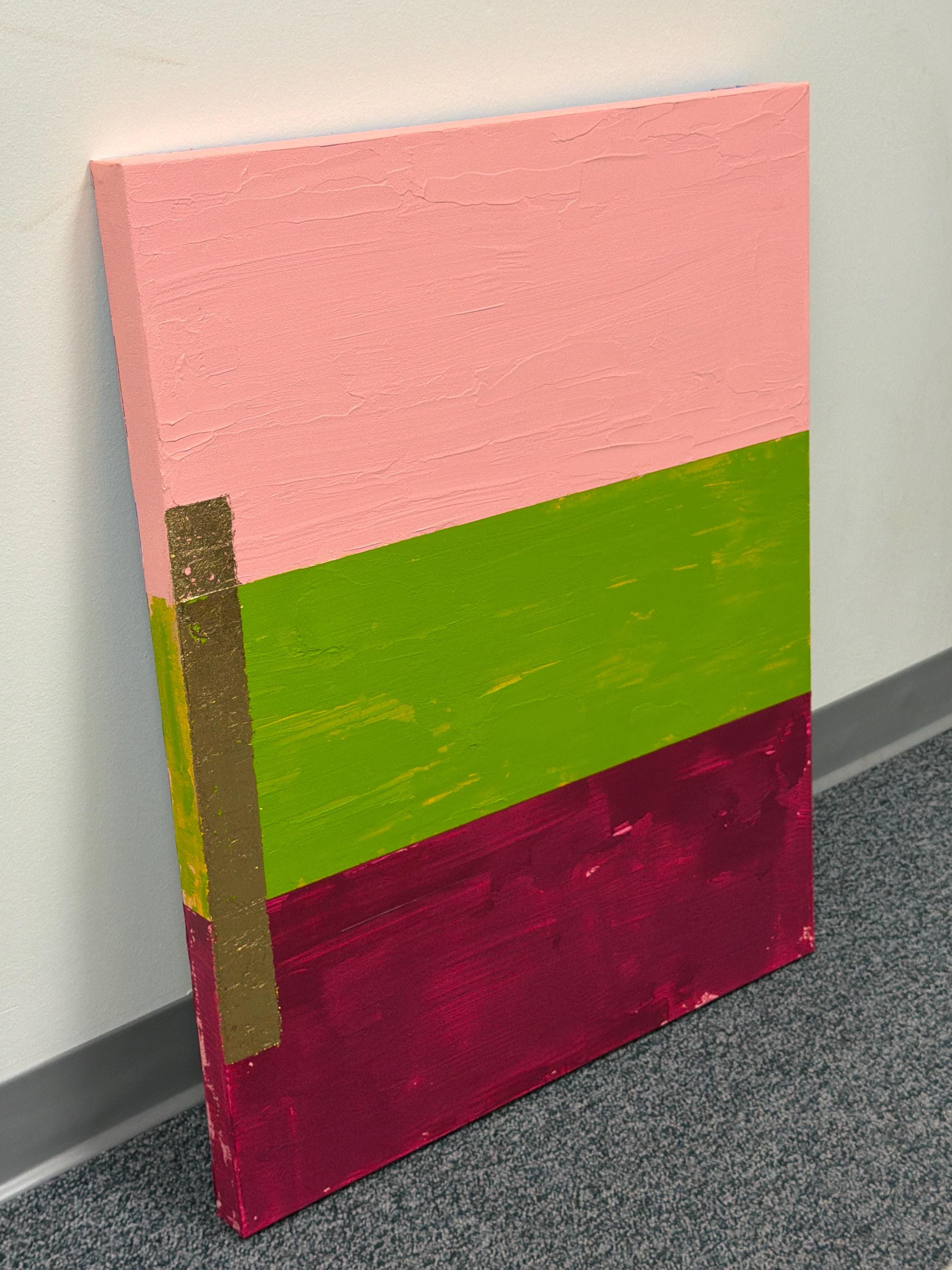 Color Block Abstract Painting Pink Green Burgundy, Gold Leaf Modern Canvas Art, Bold Minimal Wall Decor, Original Artwork 24x30