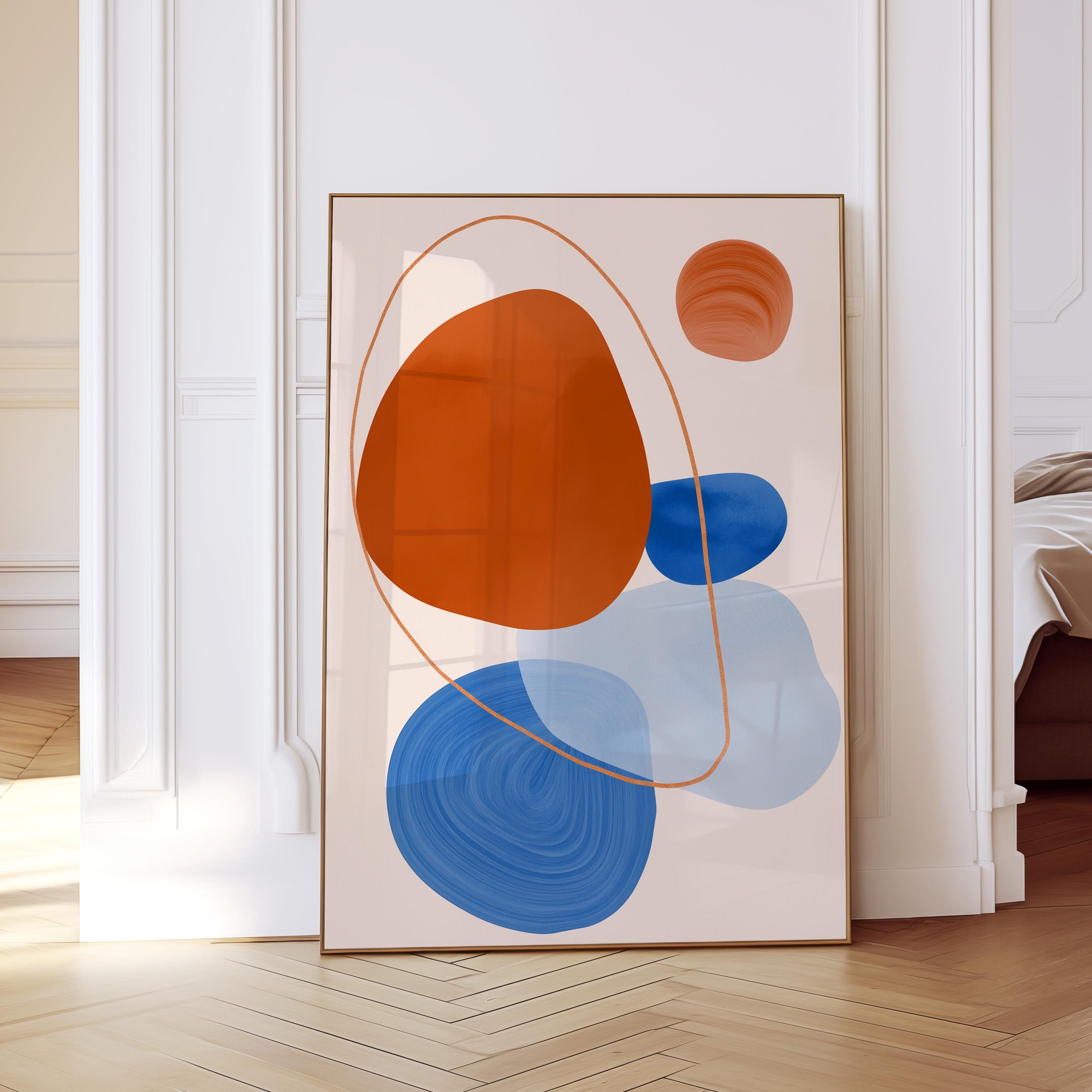 Orange Blue Abstract Art Print, Mid Century Modern Poster, Geometric Wall Decor