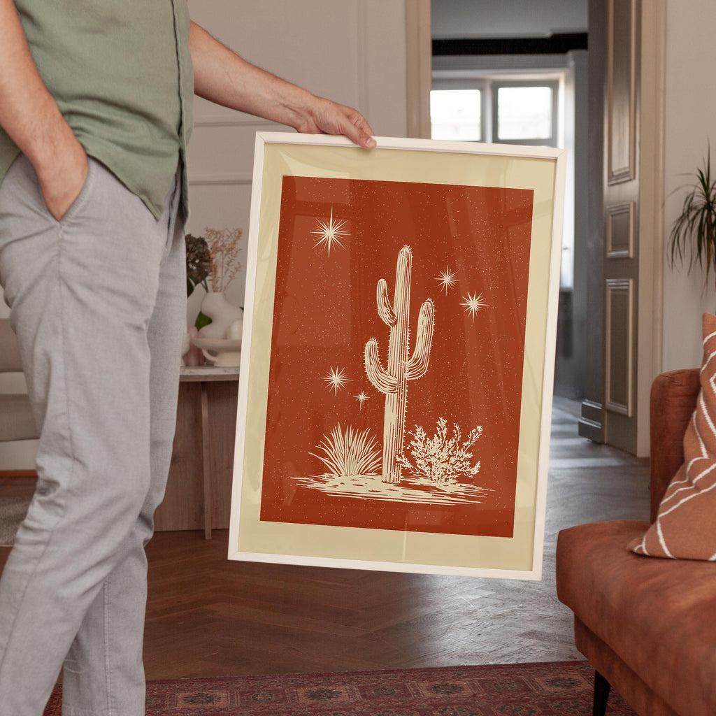 Cactus Wall Art Print, Terracotta Desert Poster, Southwestern Celestial Decor