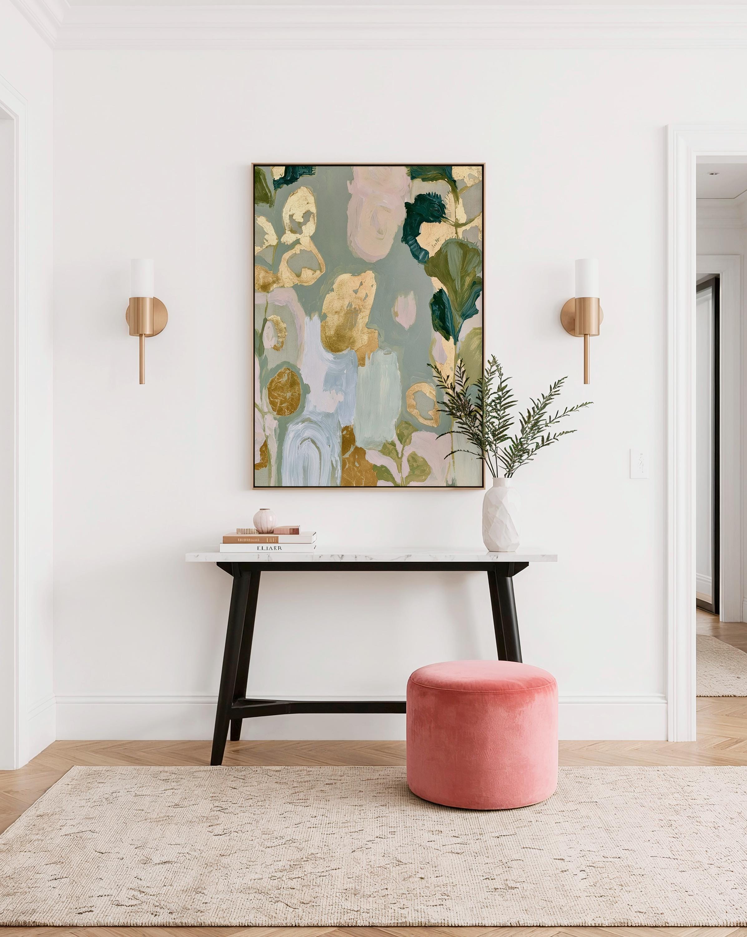 Sage Green Floral Art Print, Gold Abstract Botanical Painting, Soft Wall Decor