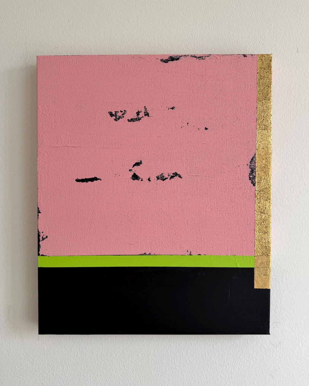 Original Abstract Painting, Pink Black Color Block Art, Gold Accent Canvas