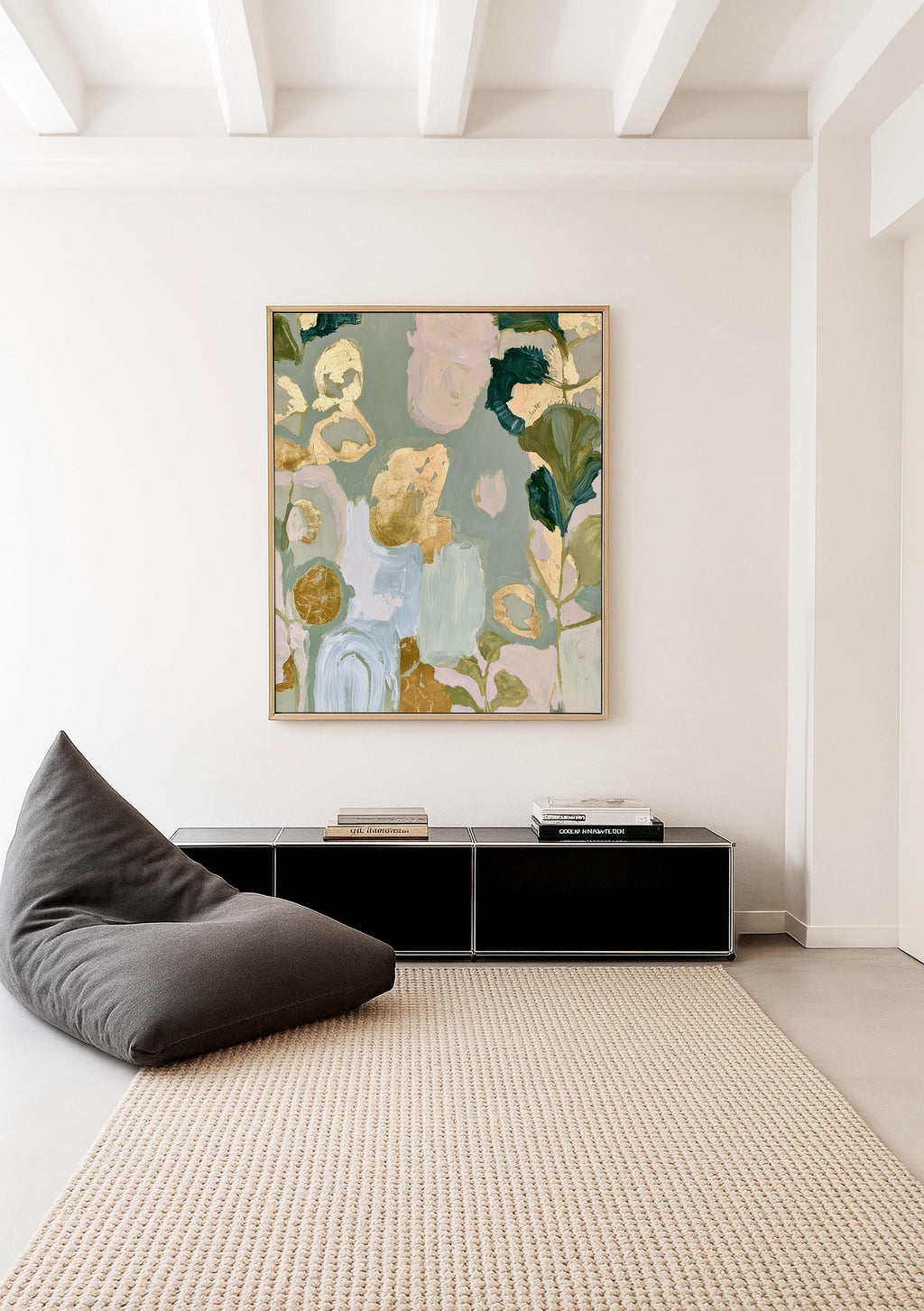 Sage Green Floral Art Print, Gold Abstract Botanical Painting, Soft Wall Decor