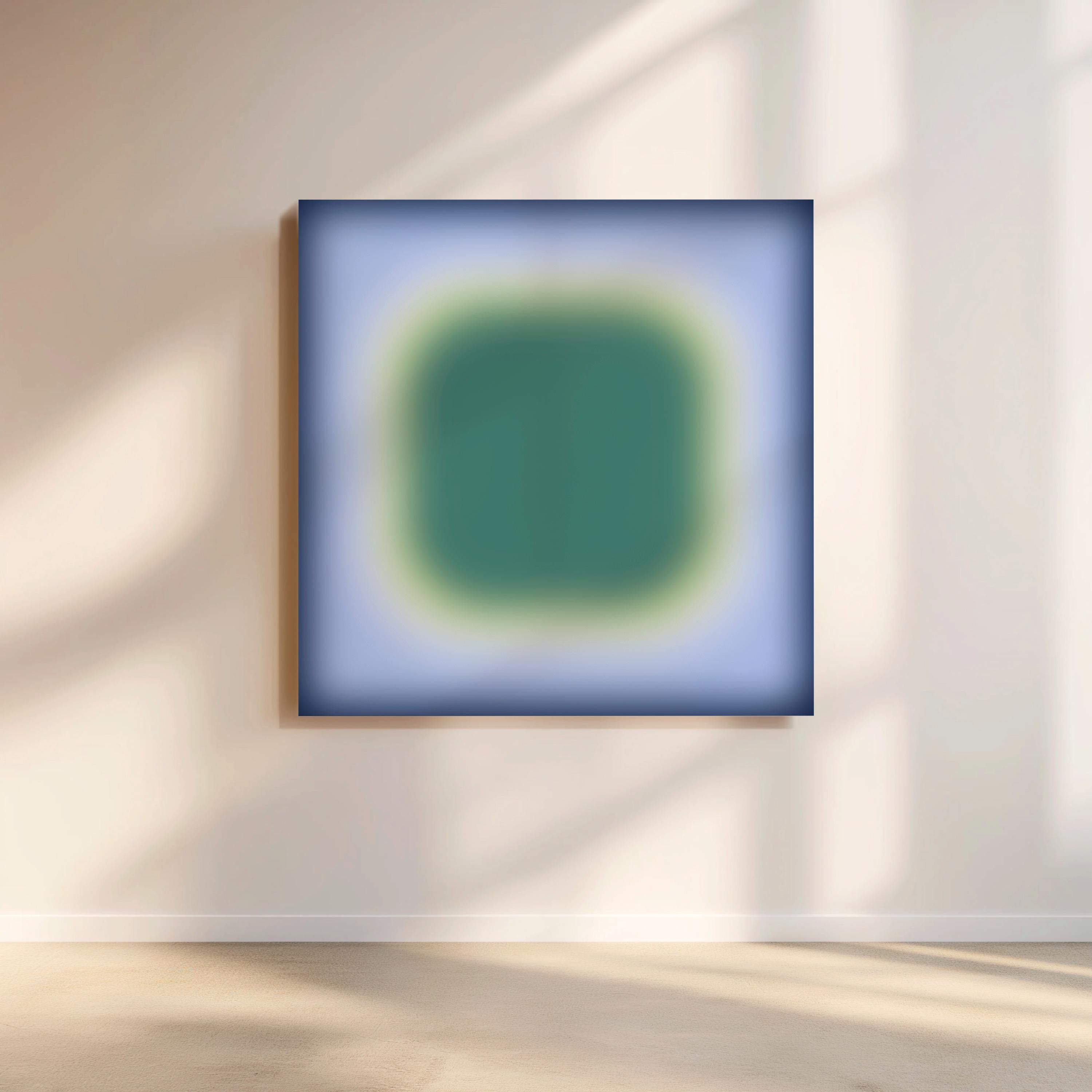 May include: A square wall art piece featuring a gradient color design. The center is a deep forest green that transitions into a soft lime green, surrounded by a light periwinkle blue border that darkens to a deep navy blue at the outer edges.