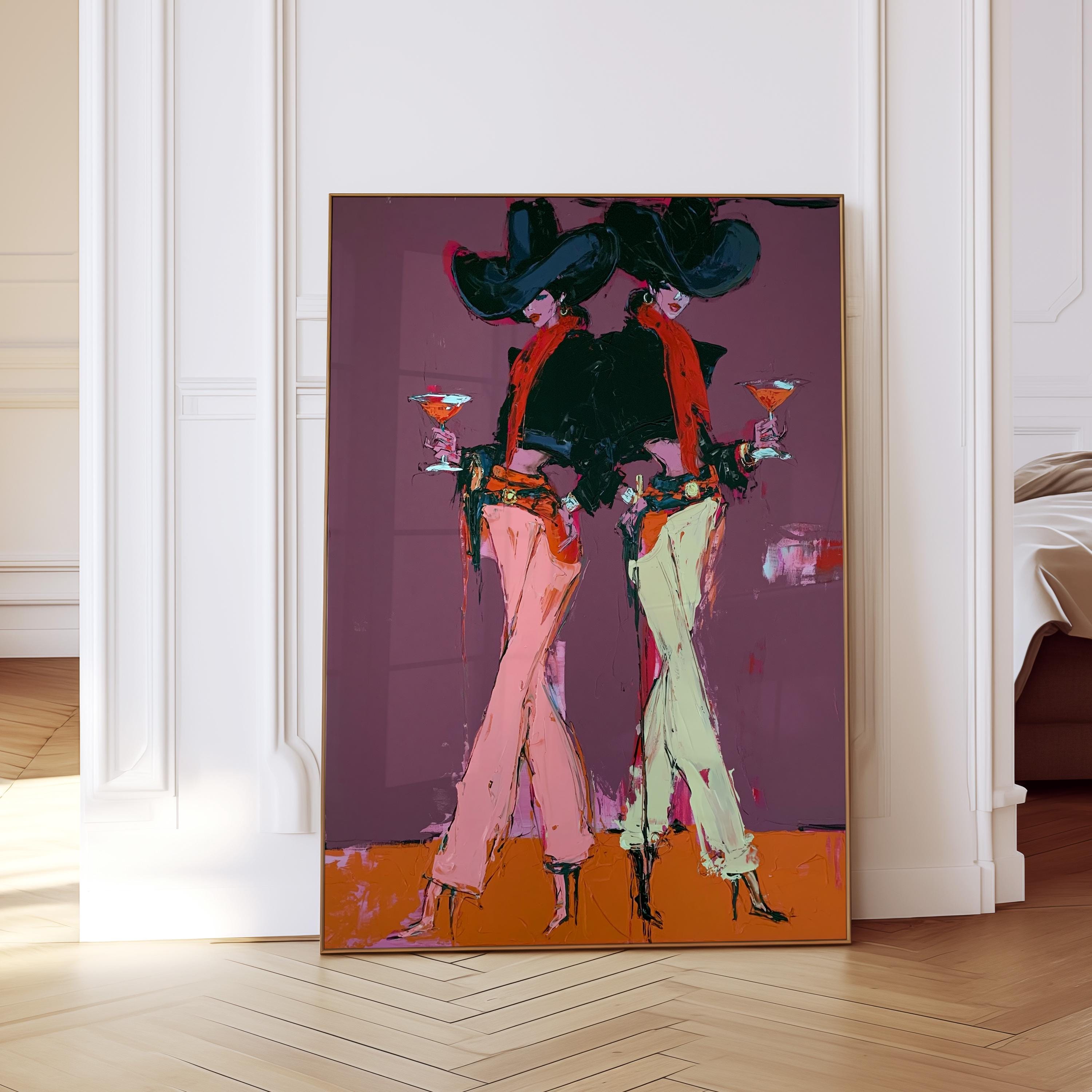 May include: Abstract painting of two figures in hats and stylish outfits, each holding a cocktail. The figures are depicted in pink and cream pants, black jackets, and orange scarves. The background is a deep purple.