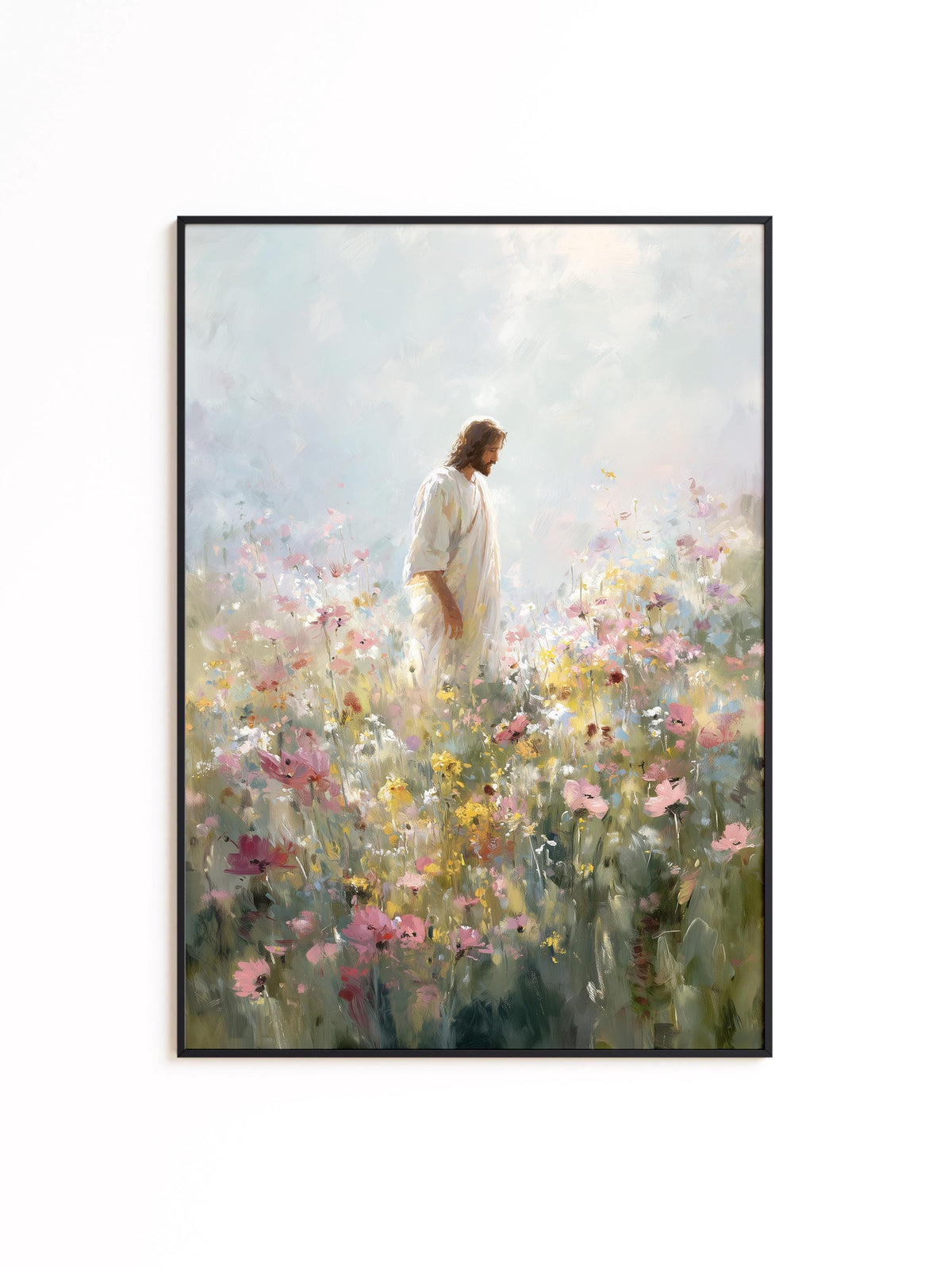Jesus in Wildflower Field Print, Christian Wall Art, Faith Inspired Floral Painting, Bible Decor Printable Wall Art