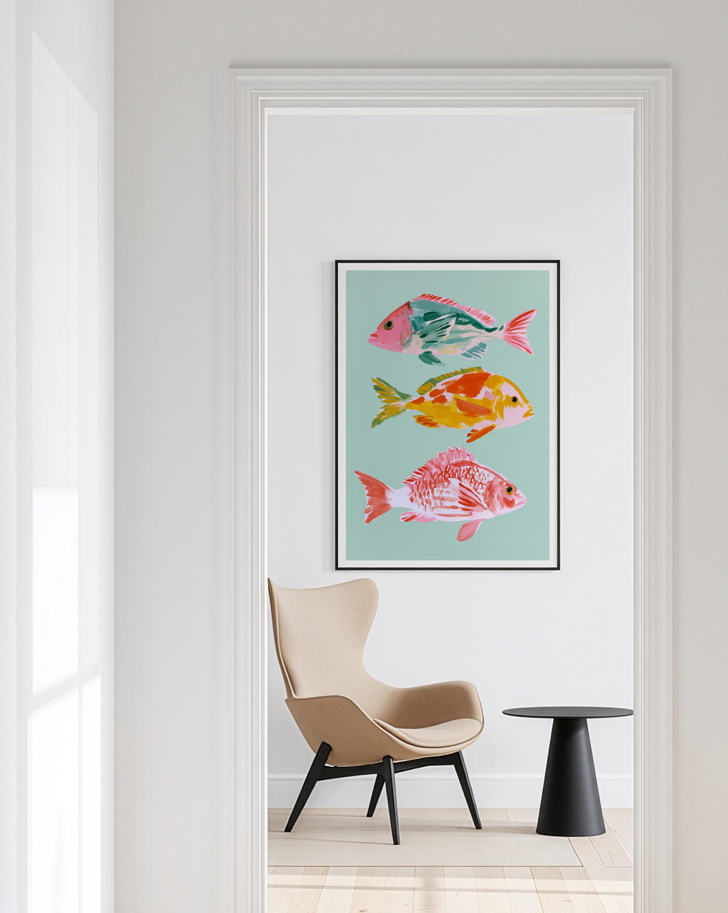 Fish Wall Art Print, Colorful Coastal Fish Poster, Nautical Bathroom Decor