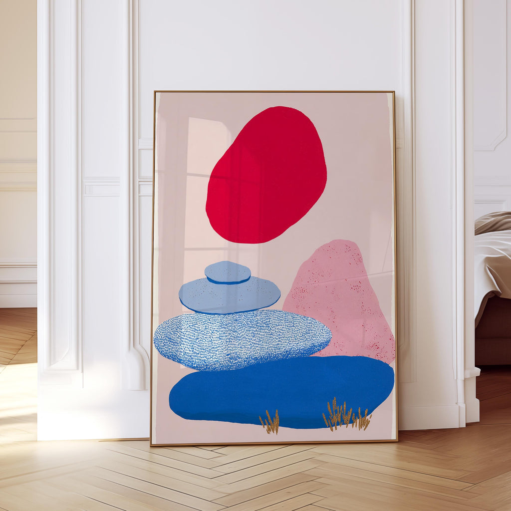Abstract Landscape Print, Red Sun Color Block Art, Modern Wall Decor