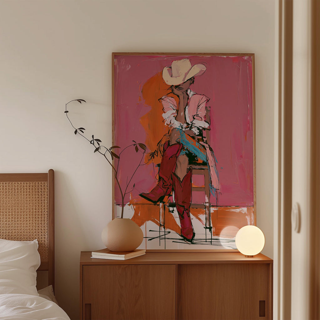 Western Cowgirl Art Print, Pink Cowgirl Wall Decor, Modern Rodeo Painting