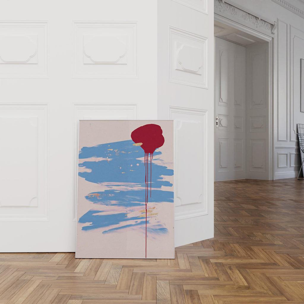 Abstract Art Print, Blue Brush Stroke Red Drip Painting, Modern Neutral Canvas Decor