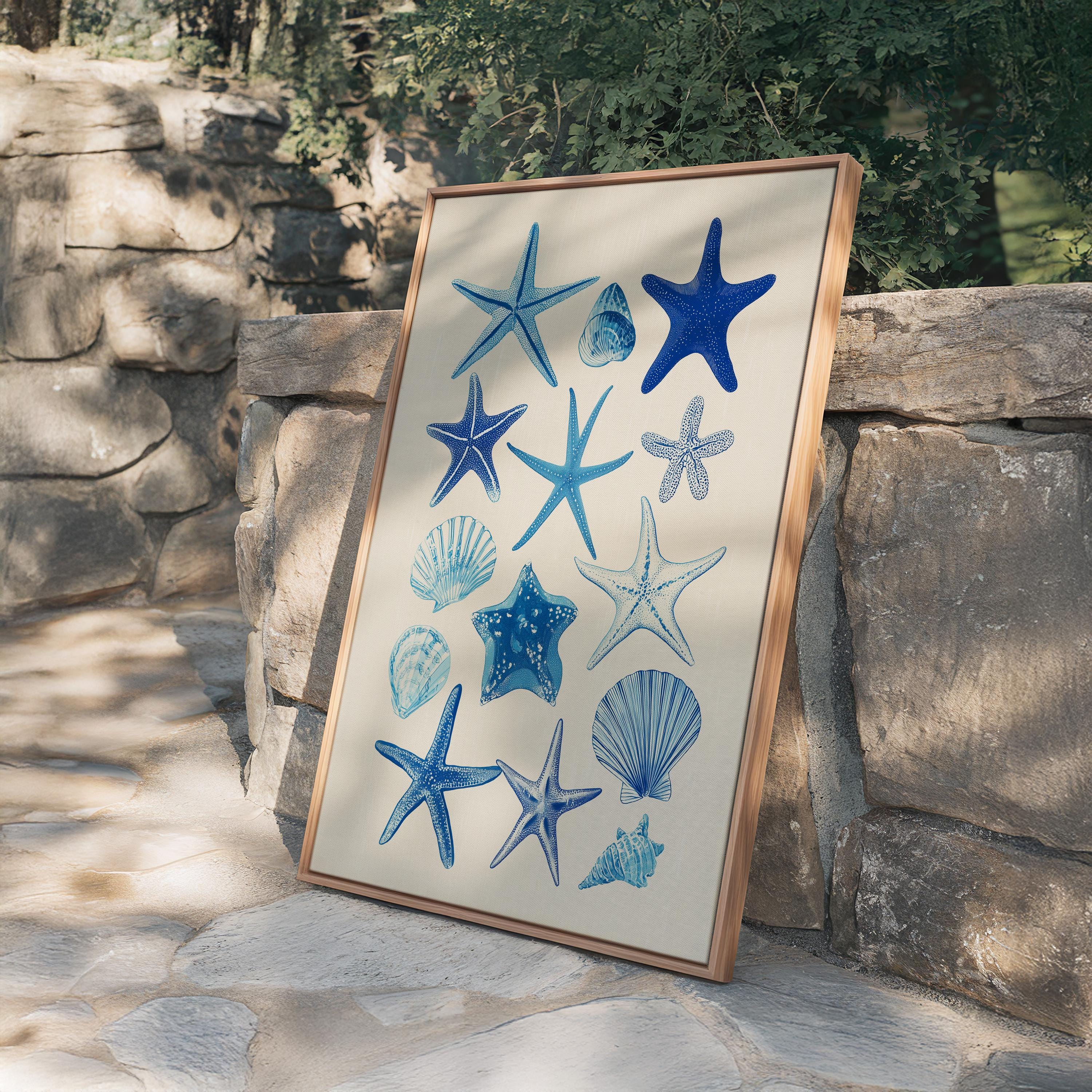Starfish Wall Art Print, Blue Seashell Poster, Coastal Bathroom Decor