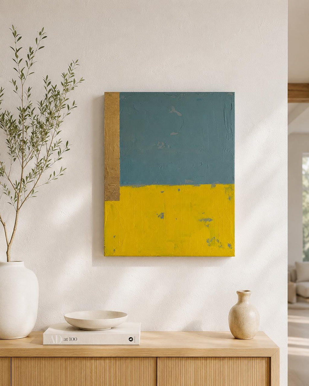 Original Abstract Painting, Teal Mustard Color Block Art, Gold Accent Canvas