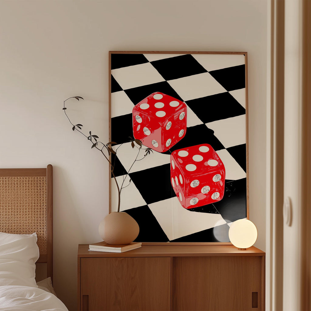 Funky Dice Wall Art, Retro Checkerboard Print, Red Pop Art Poster, Digital Download