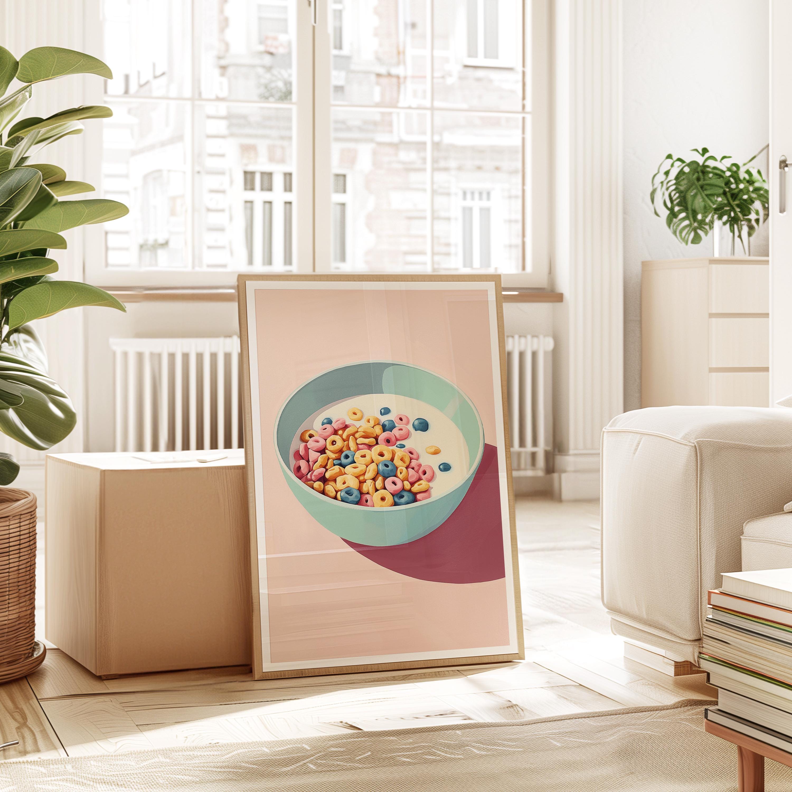 Cereal Wall Art Print, Colorful Breakfast Poster, Pastel Kitchen Decor