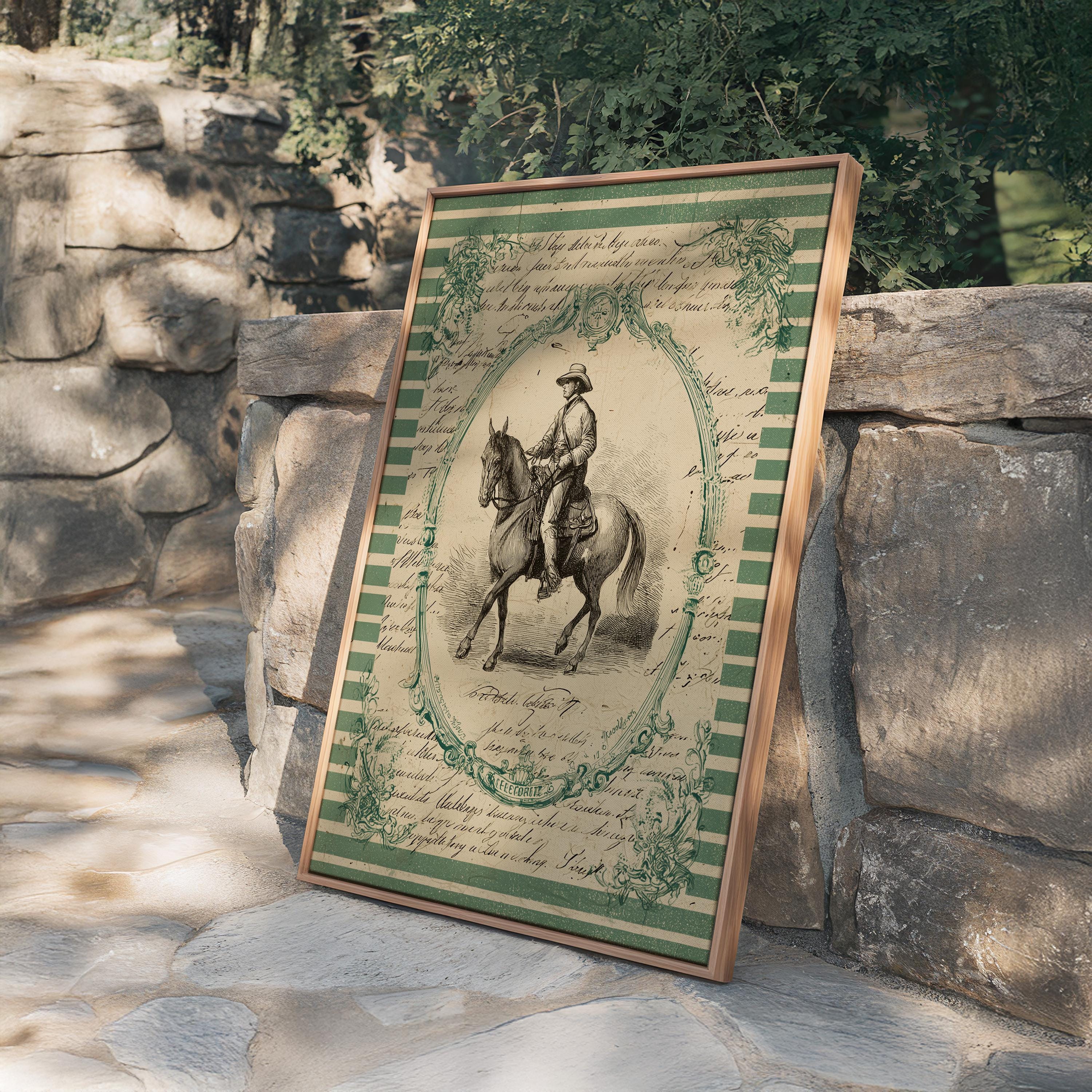 Vintage Western Art Print, Antique Cowboy Horse Poster, Sage Green Wall Decor