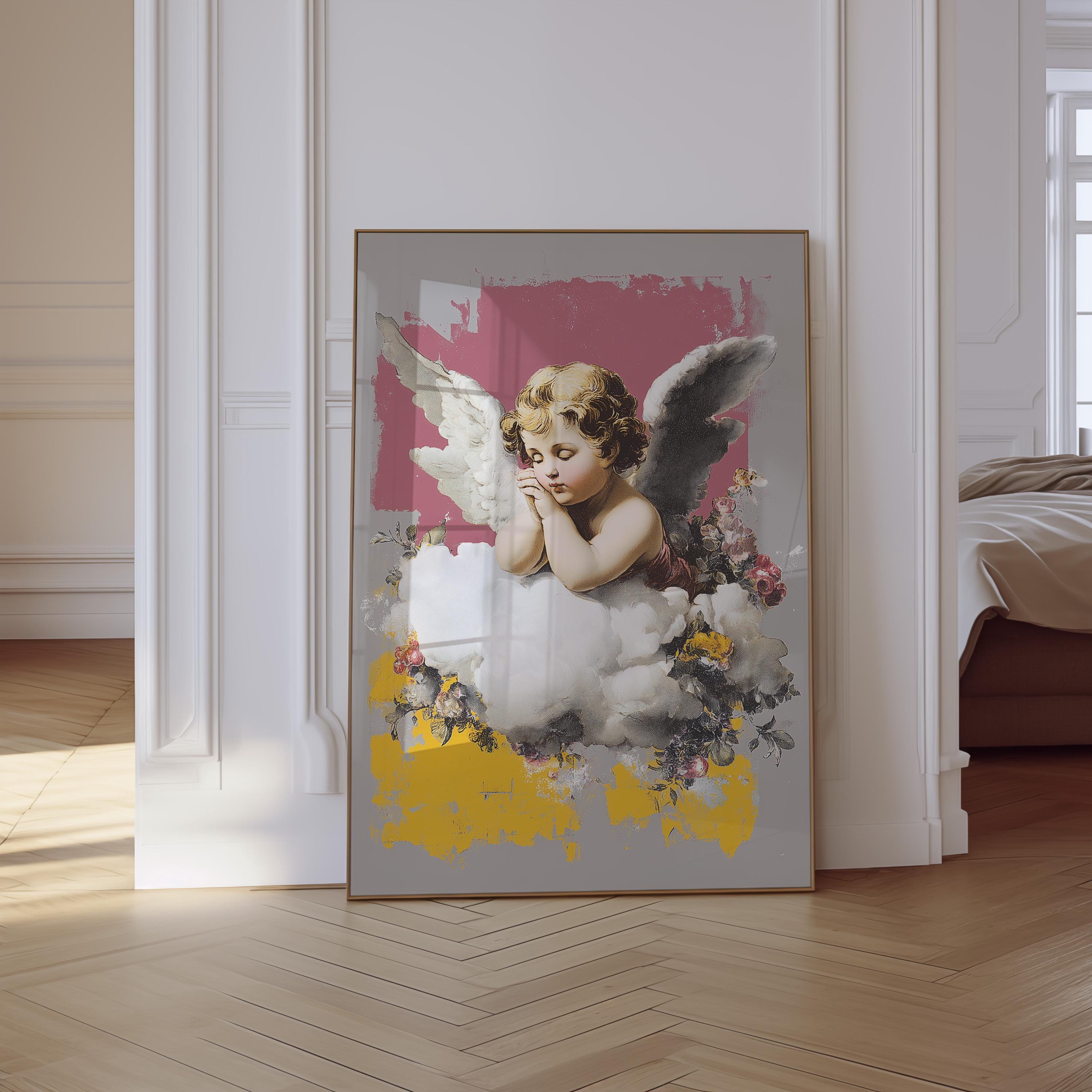 May include: Framed art print featuring a cherub with wings, hands clasped in prayer, set against a gray background with pink and yellow brushstrokes. The cherub is surrounded by flowers, creating a classical and romantic aesthetic.