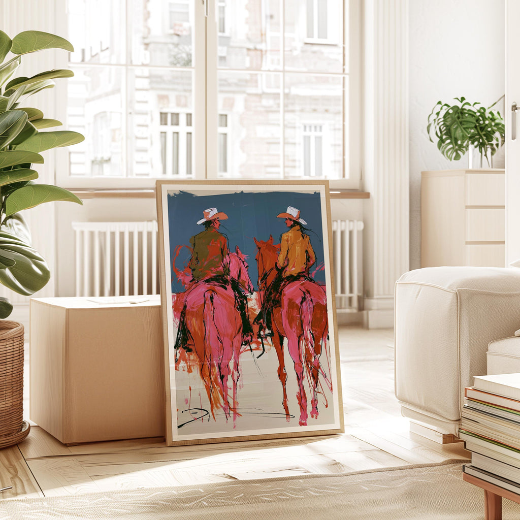 Western Wall Art Print, Cowboy Horse Poster, Modern Ranch Decor, Pink Rodeo Artwork Print