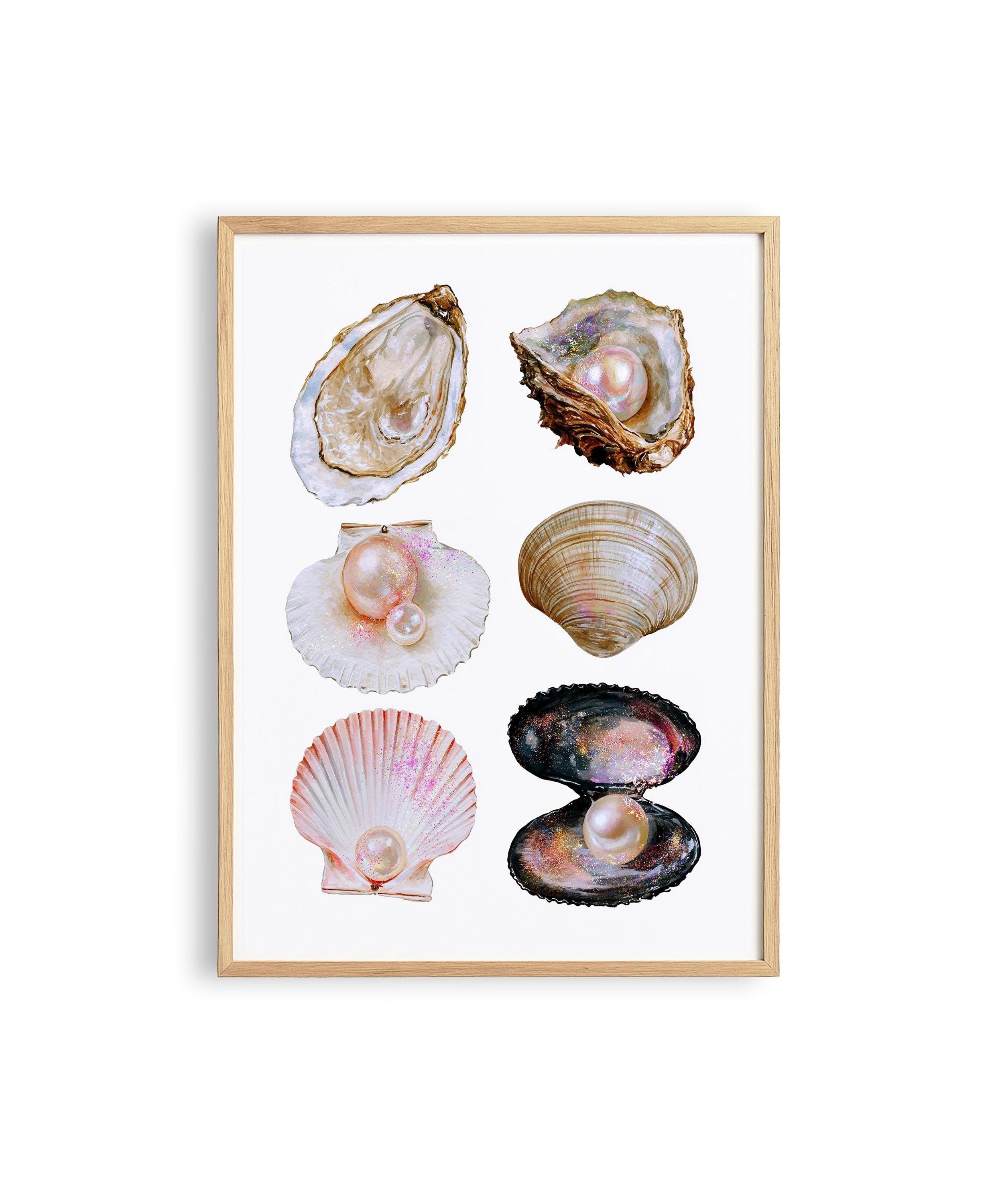 Pearl Shell Wall Art Print, Coastal Vintage Printable, Oyster and Seashell Poster, Neutral Beach Bathroom Decor