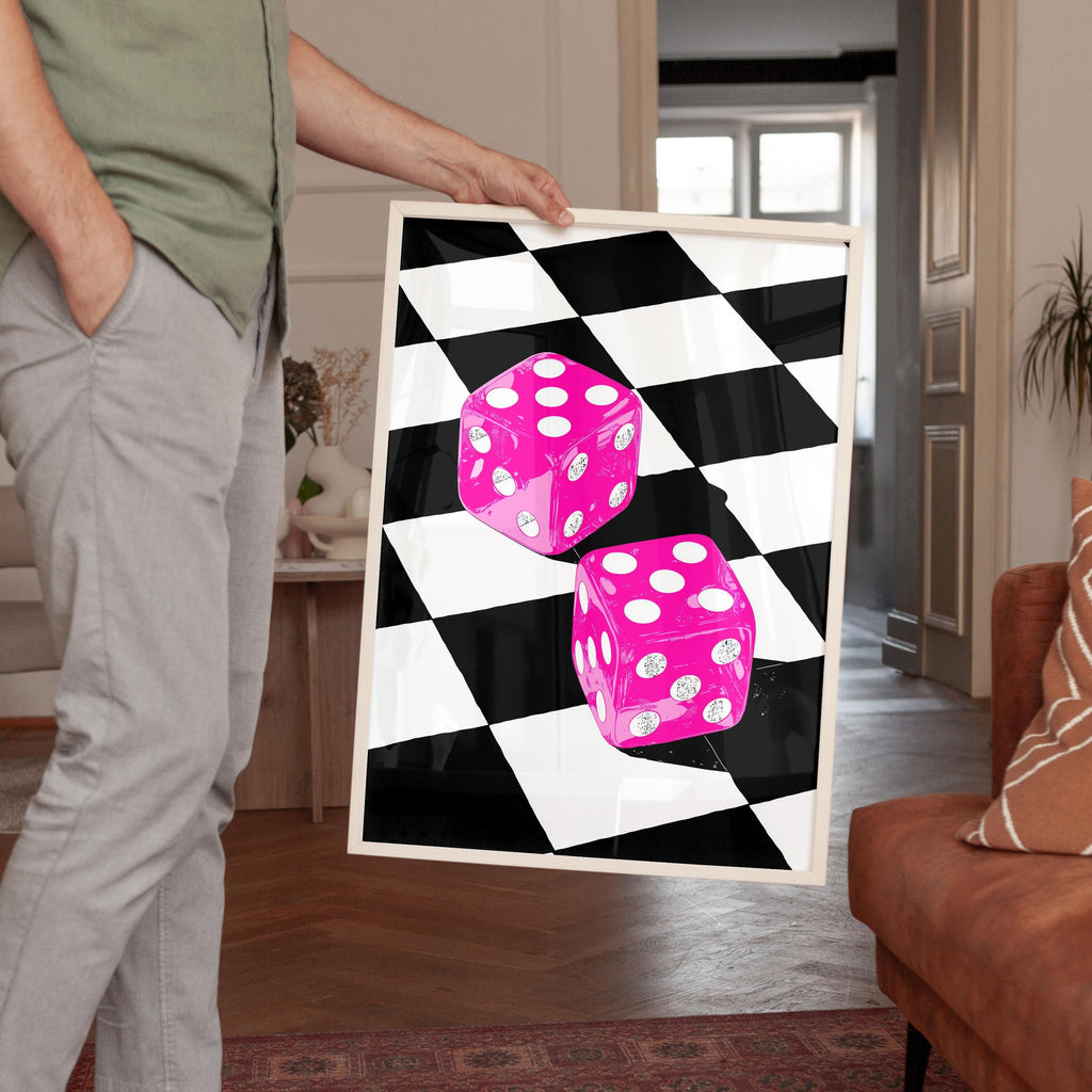 Pink Dice Pop Art Print, Retro Checkerboard Statement Artwork