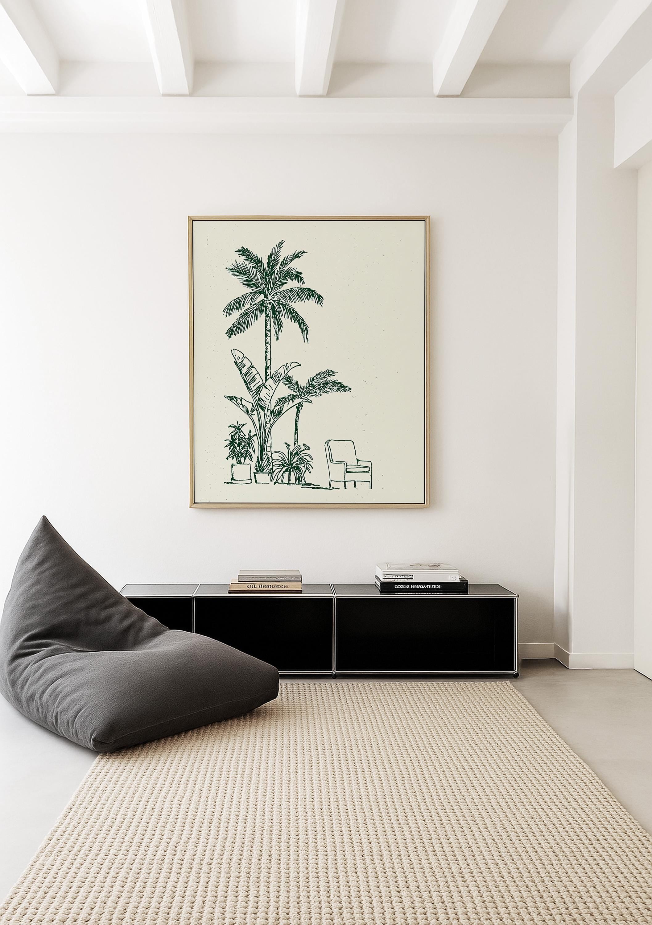 Palm Tree Wall Art Print, Minimal Botanical Line Art, Green Tropical Decor