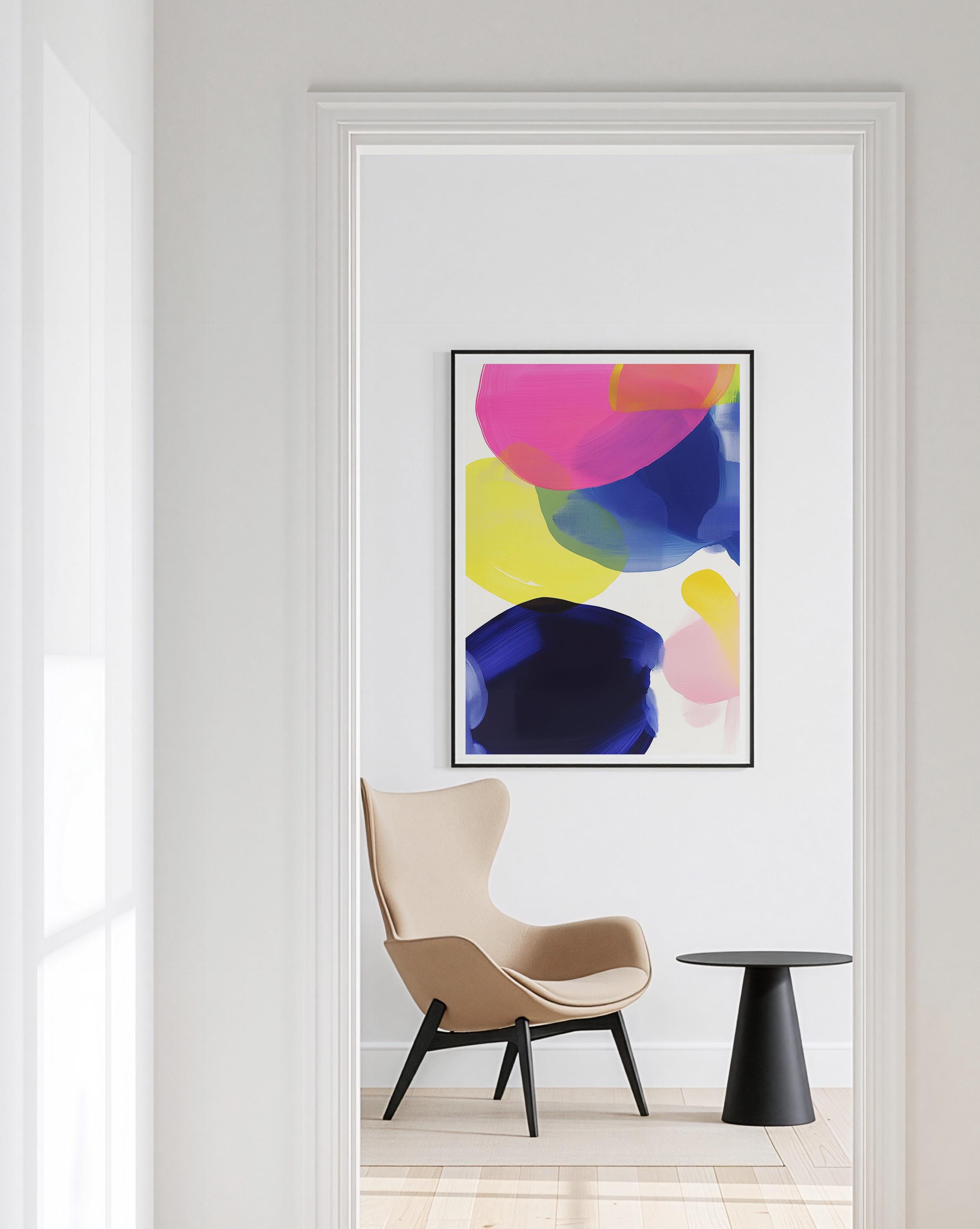 Colorful Abstract Wall Art, Pink Yellow Blue Brushstroke Print, Modern Bold Decor