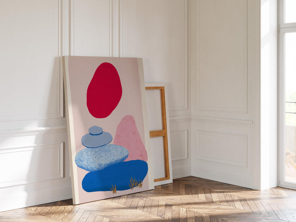 Abstract Landscape Art Print, Red Sun Blue Shapes, Boho Modern Wall Decor