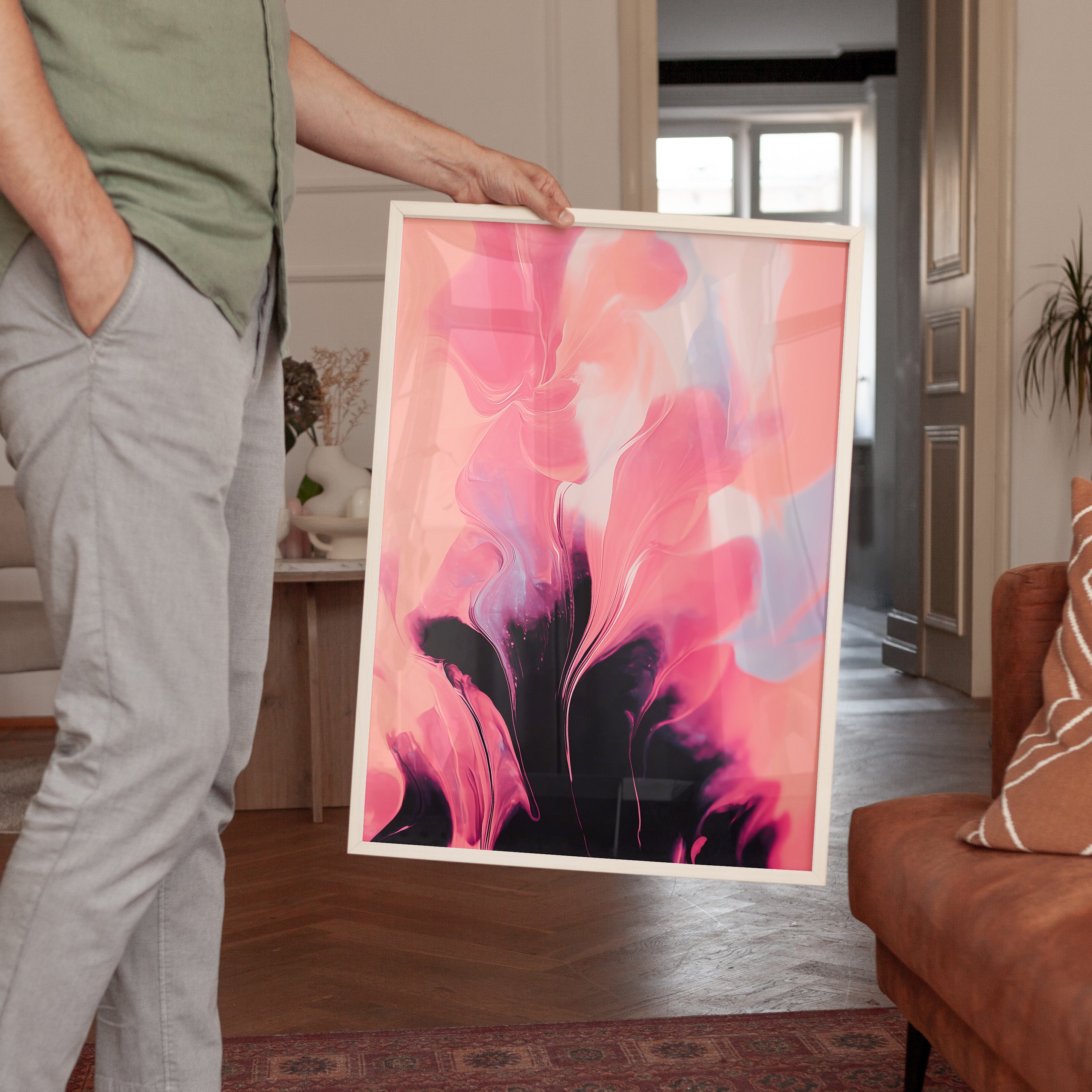 Coral Noir Bloom - Framed Canvas - And A Little More