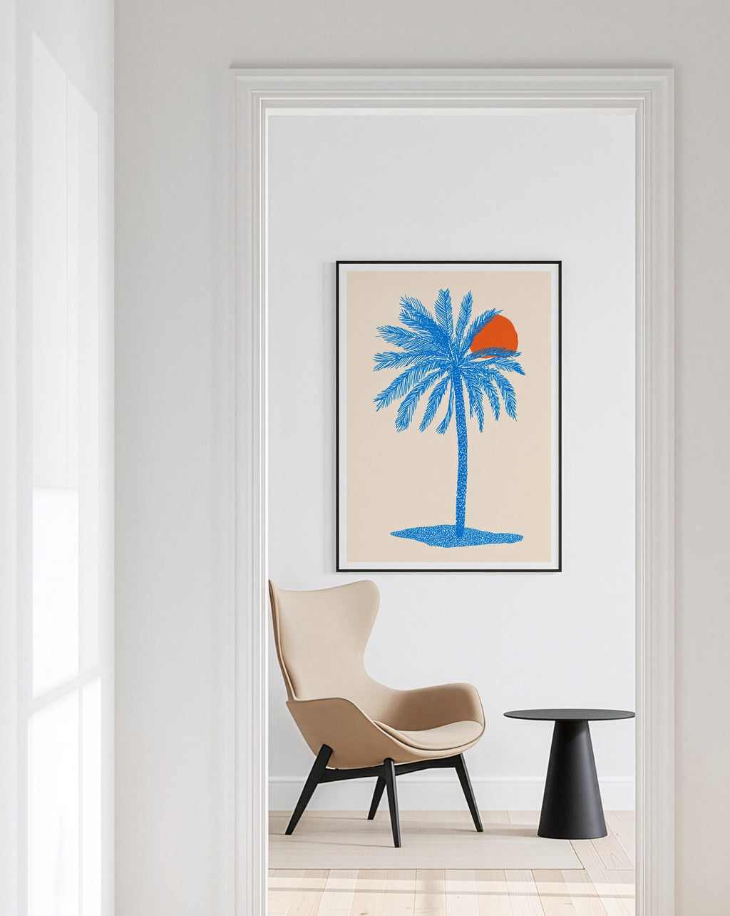 Blue Palm Tree Wall Art Print, Coastal Wall Decor, Tropical Minimalist Art, Beach House Printable, Mediterranean Wall Art