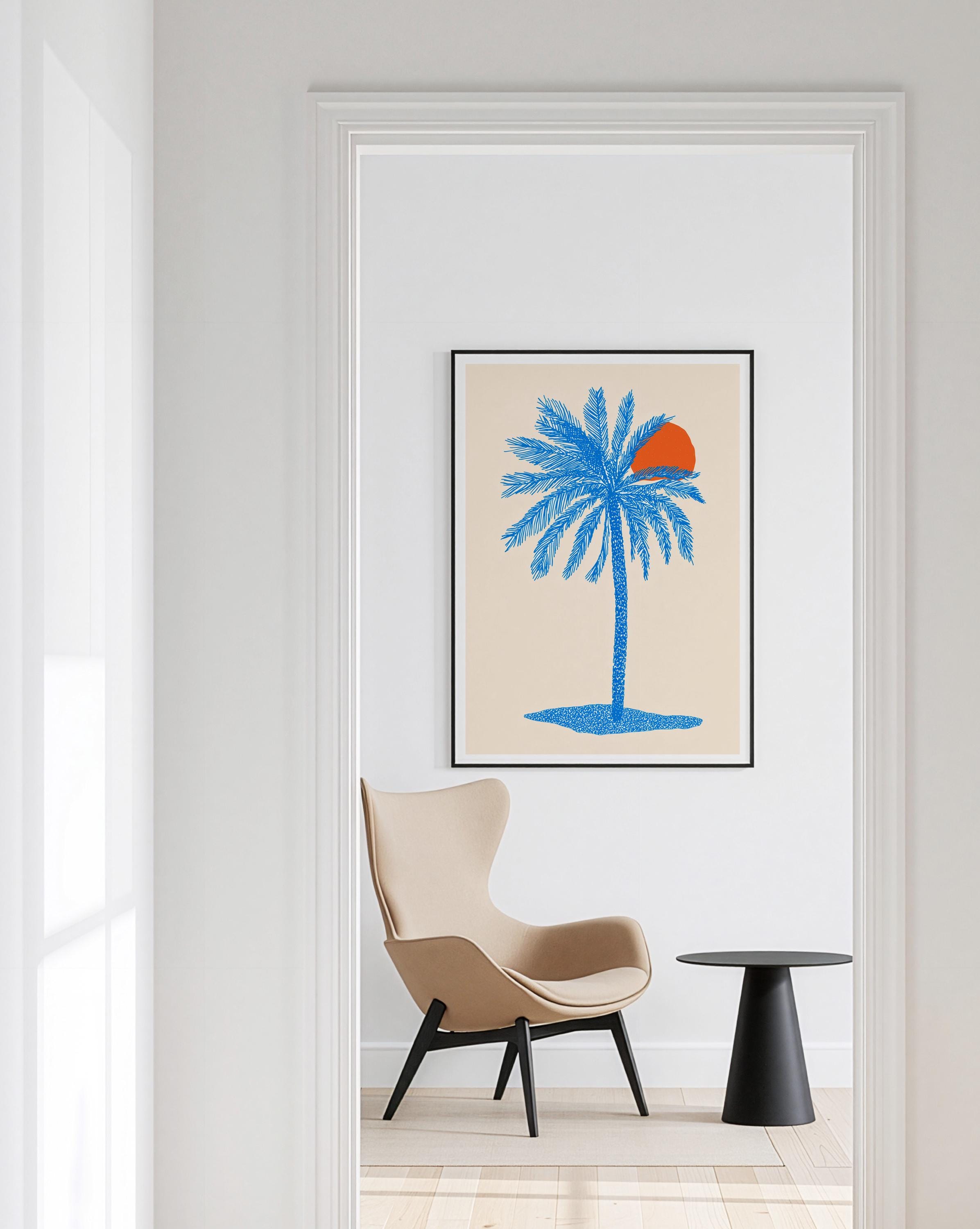 Blue Palm Tree Wall Art Print, Coastal Wall Decor, Tropical Minimalist Art, Beach House Printable, Mediterranean Wall Art