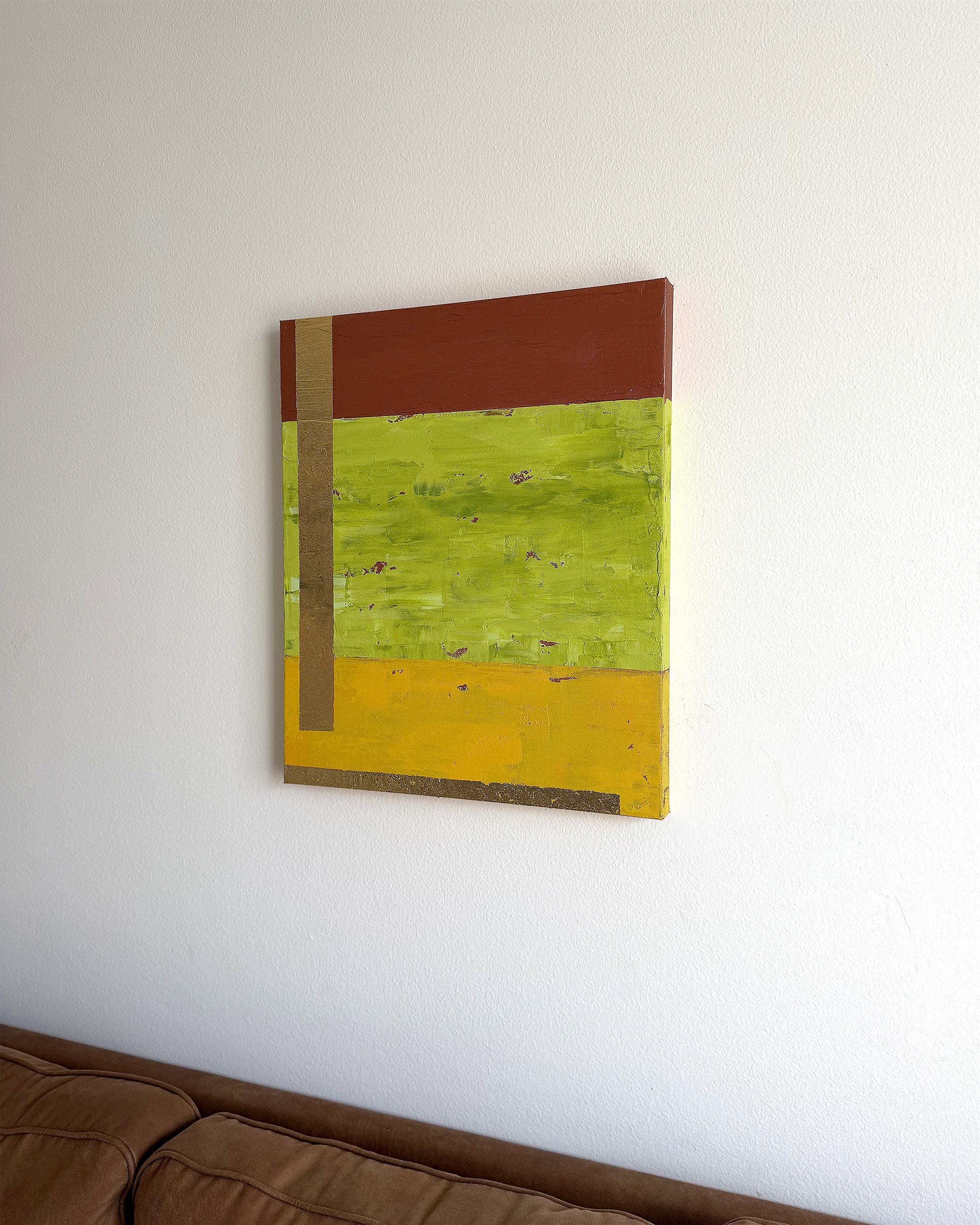 Original Abstract Painting, Green Gold Leaf Acrylic Canvas, Modern Color Block Art
