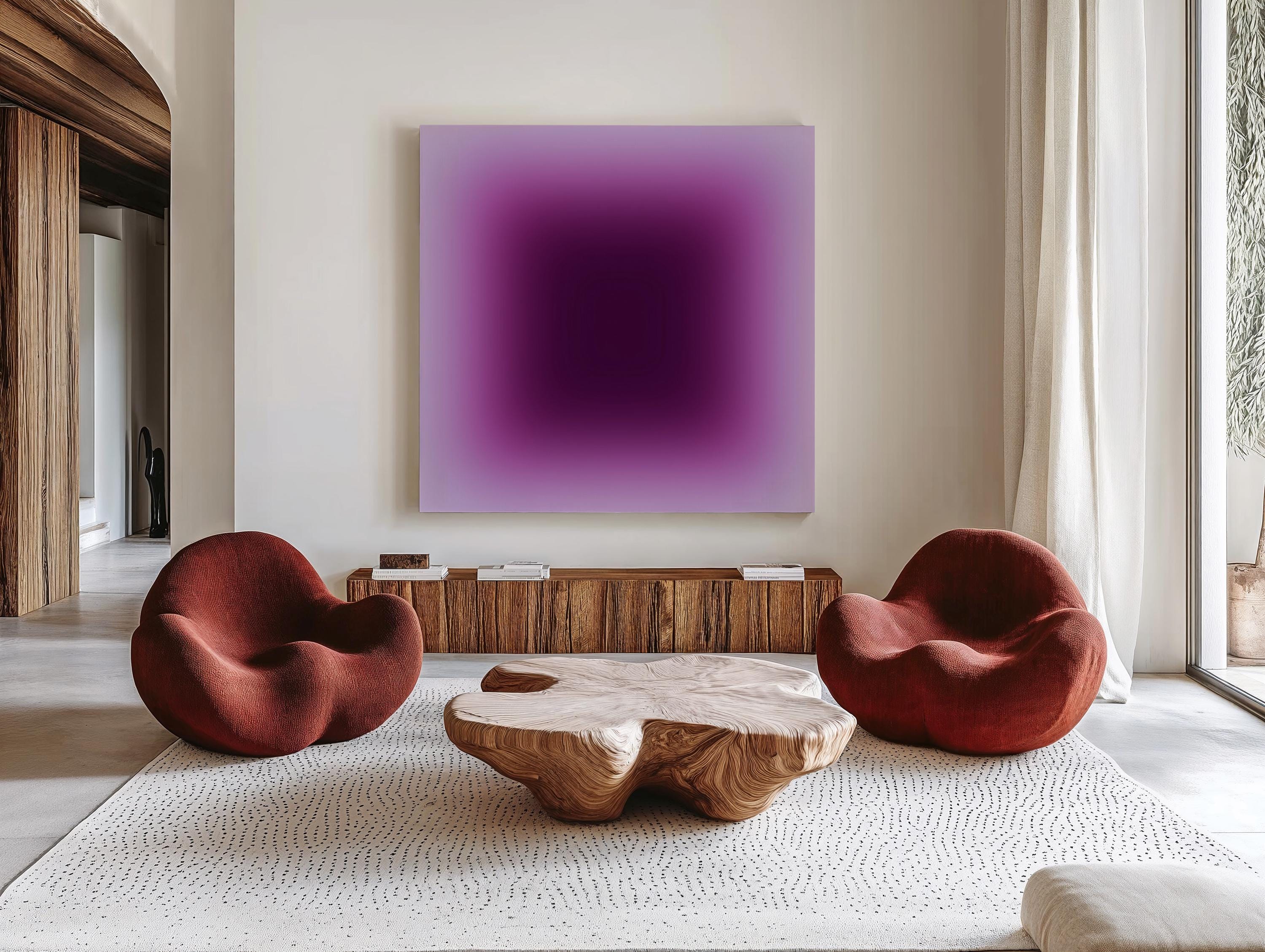 May include: A modern living room featuring a large, square purple gradient painting above a wooden cabinet. Two rounded, rust-colored chairs flank a unique wooden coffee table. A neutral rug and white curtains complete the space.