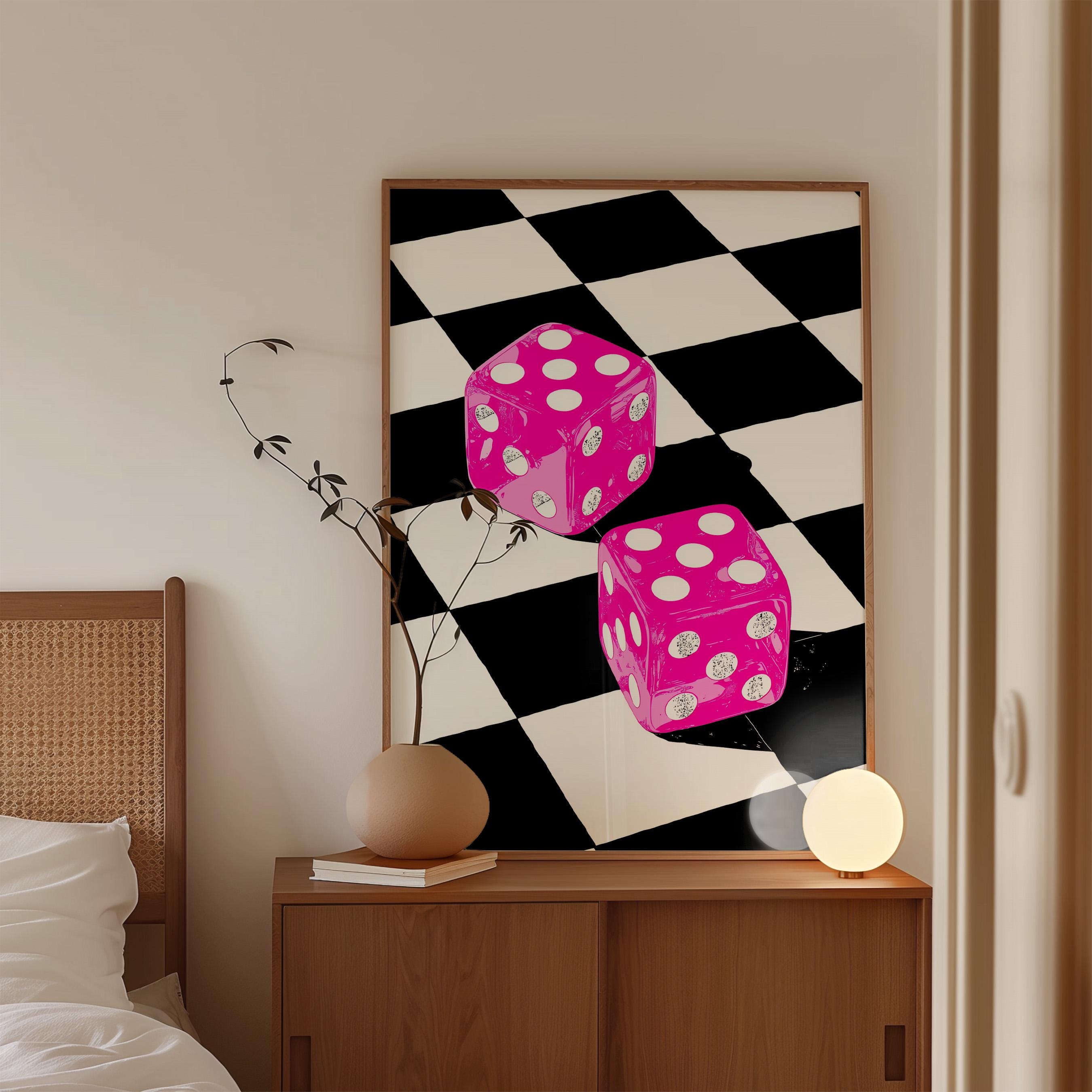 Pink Dice Pop Art Print, Retro Checkerboard Statement Artwork