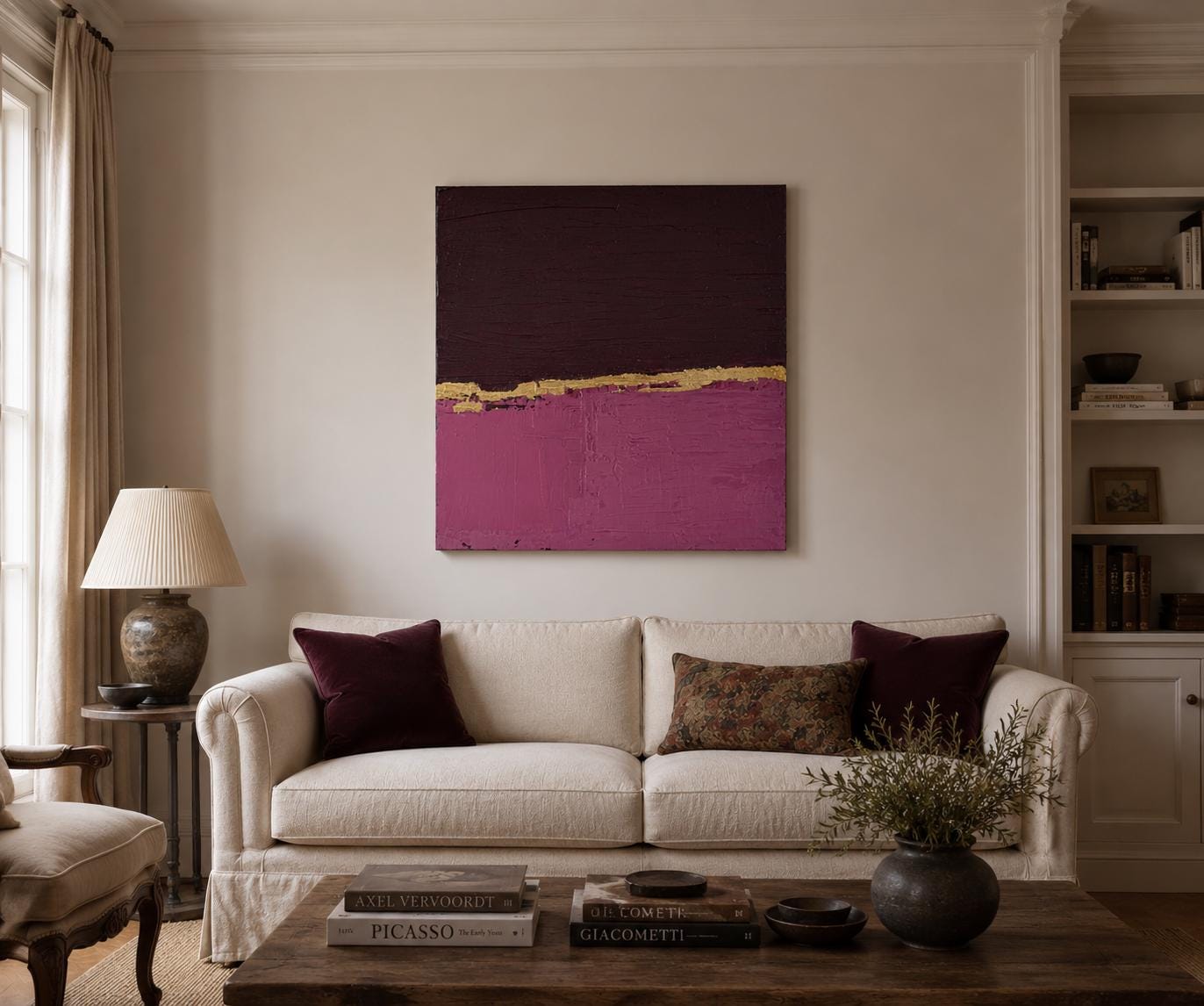 Original Abstract Painting, Gold Leaf Wall Art, Burgundy Pink Canvas Art, Textured Minimalist Modern Painting, One of Kind Wall Paint