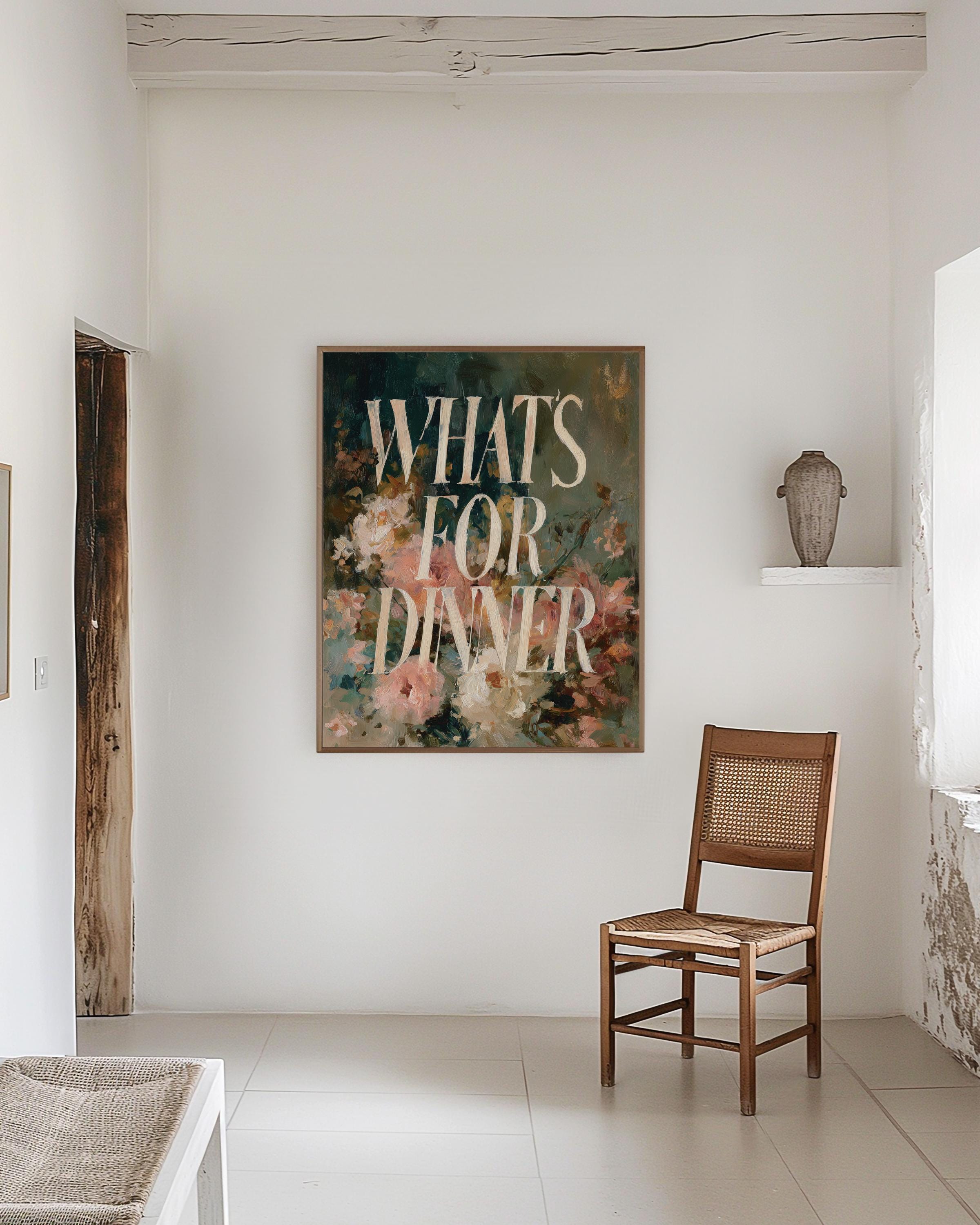 Whats for Dinner Art Print, Moody Floral Kitchen Wall Art, Vintage Dining Decor