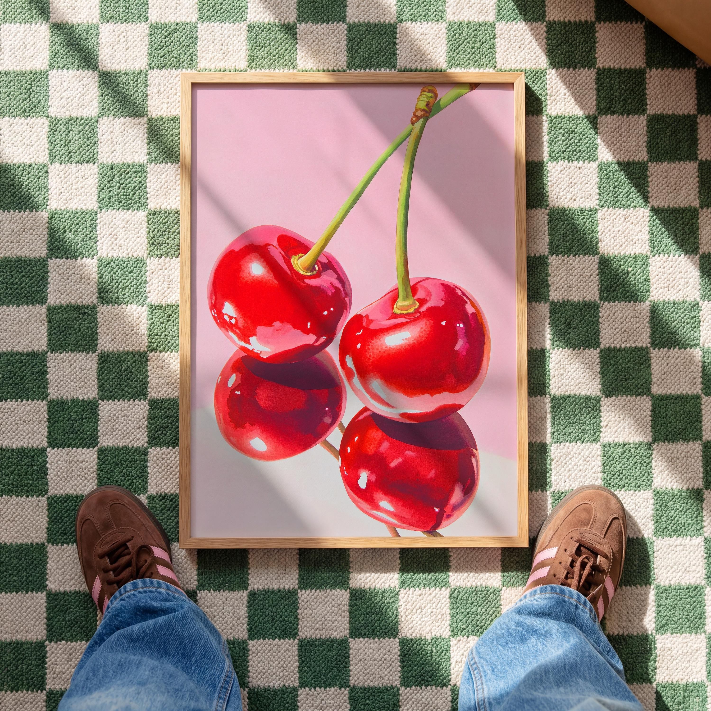 Cherry Wall Art Print, Pink Fruit Poster, Retro Kitchen and Dining Decor
