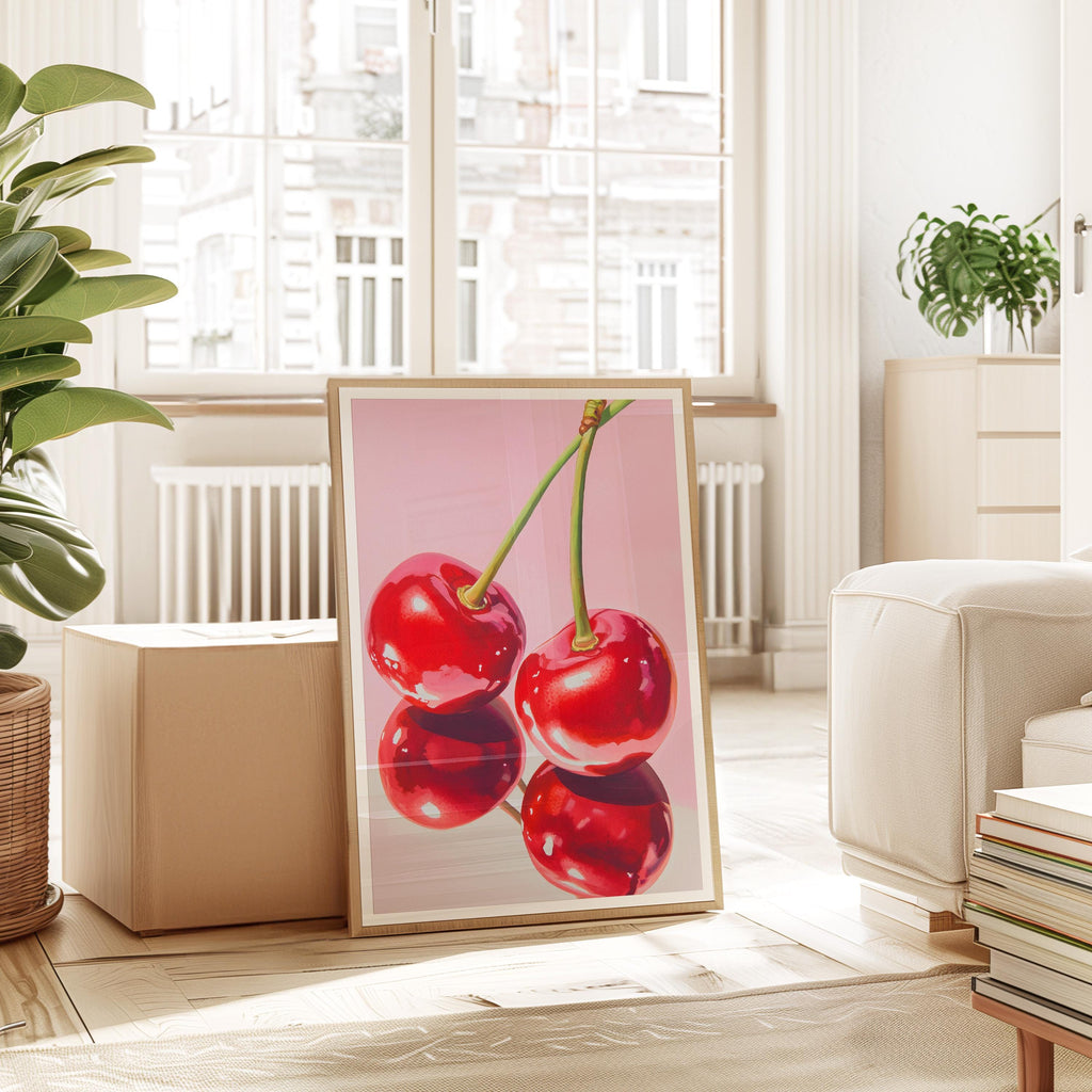 Cherry Wall Art Print, Pink Fruit Poster, Retro Kitchen and Dining Decor