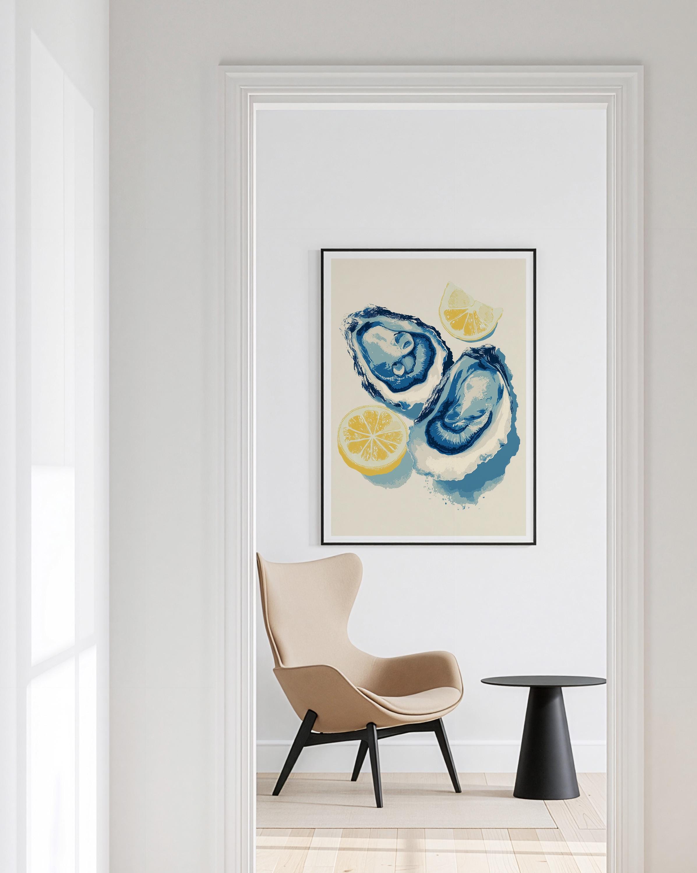 Oyster Wall Art Print, Lemon Seafood Poster, Coastal Kitchen Decor