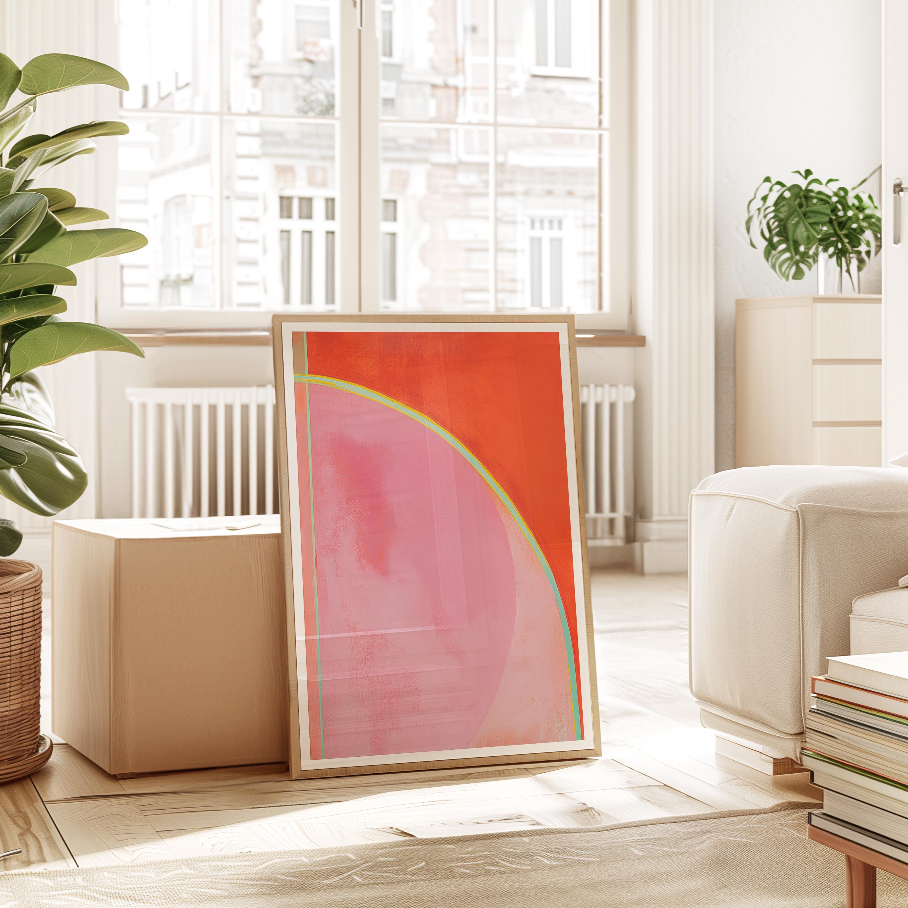Mid Century Abstract Print, Coral Pink Geometric Line Art, Modern Wall Decor