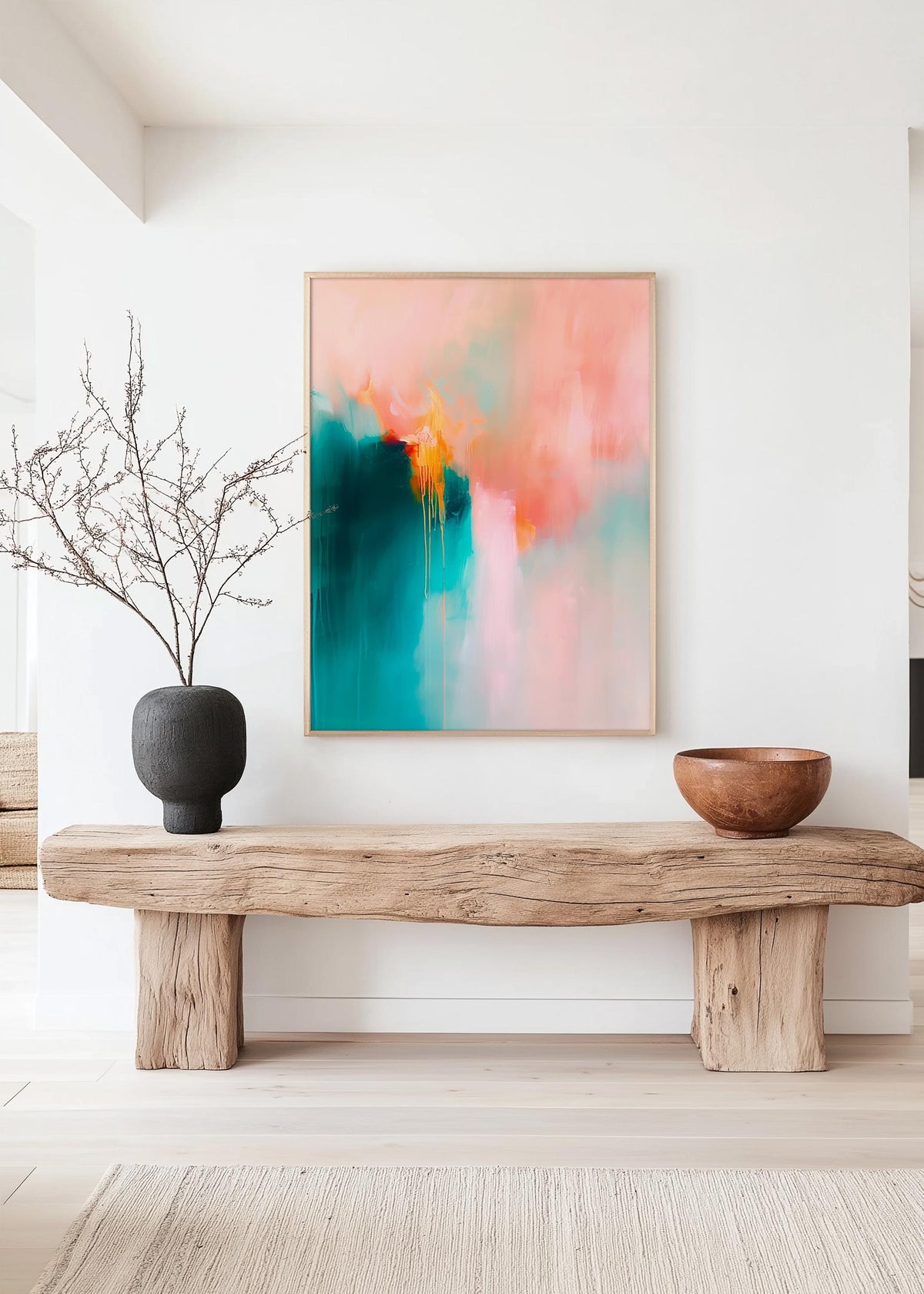 Teal Abstract Art Print, Coral Pink Painting, Modern Colorful Wall Decor