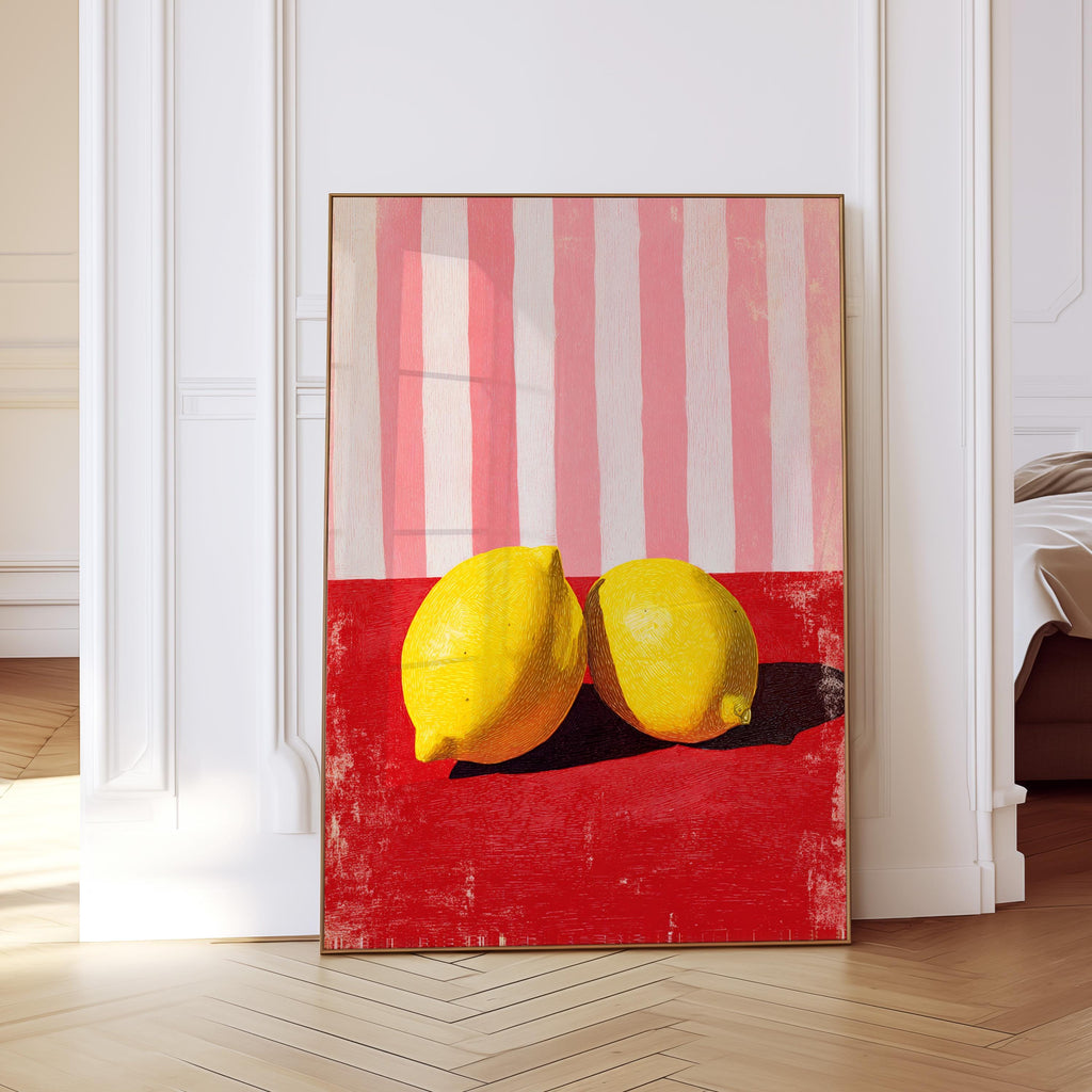 Lemon Wall Art Print, Kitchen Decor Lemon Art, Red Pink Still Life, Fruit Illustration, Modern Kitchen Wall Decor