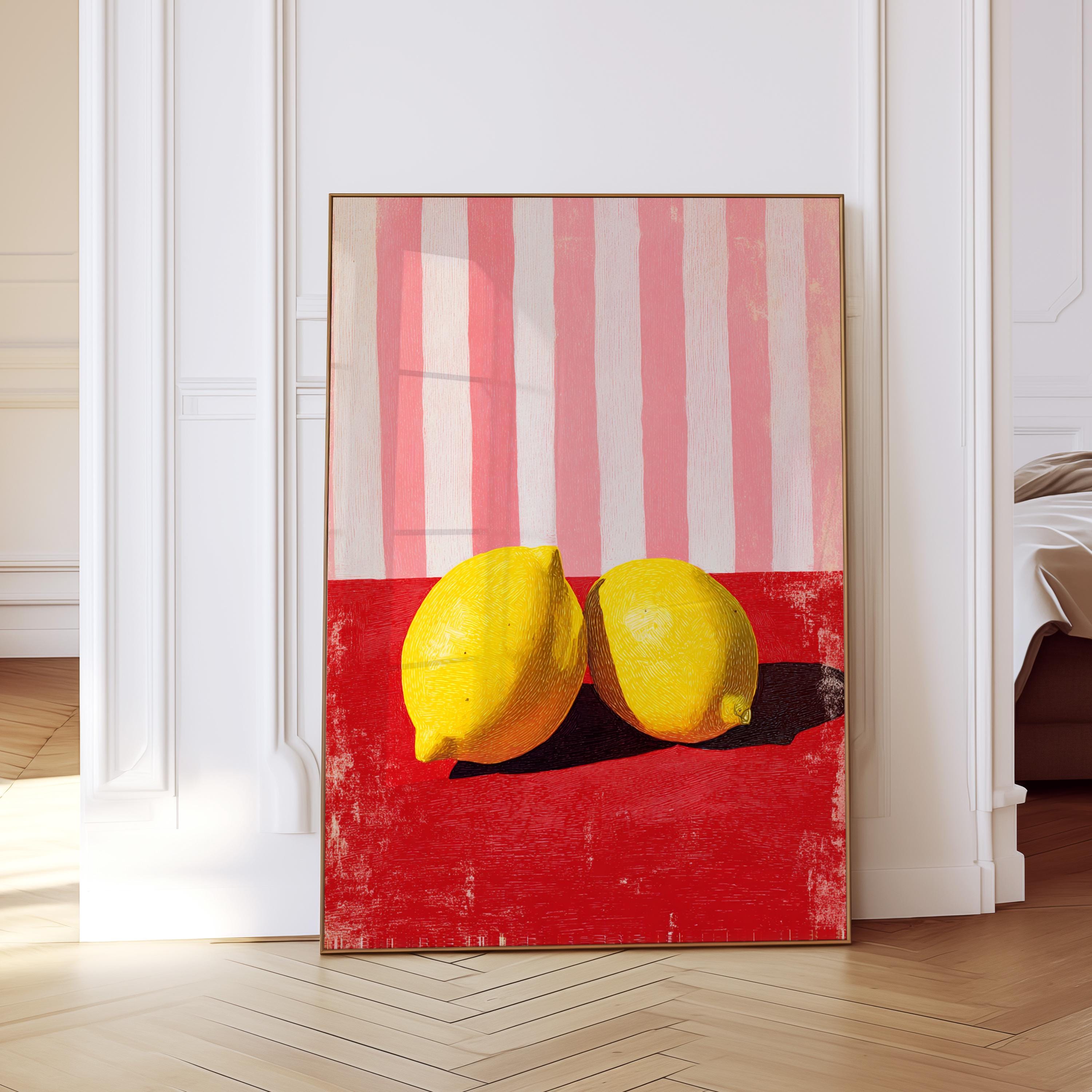Lemon Wall Art Print, Kitchen Decor Lemon Art, Red Pink Still Life, Fruit Illustration, Modern Kitchen Wall Decor