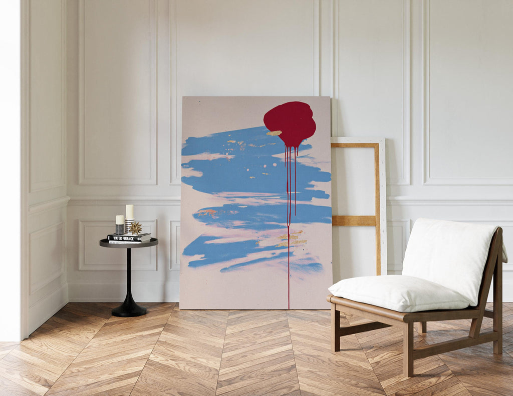 Abstract Art Print, Blue Brush Stroke Red Drip Painting, Modern Neutral Canvas Decor